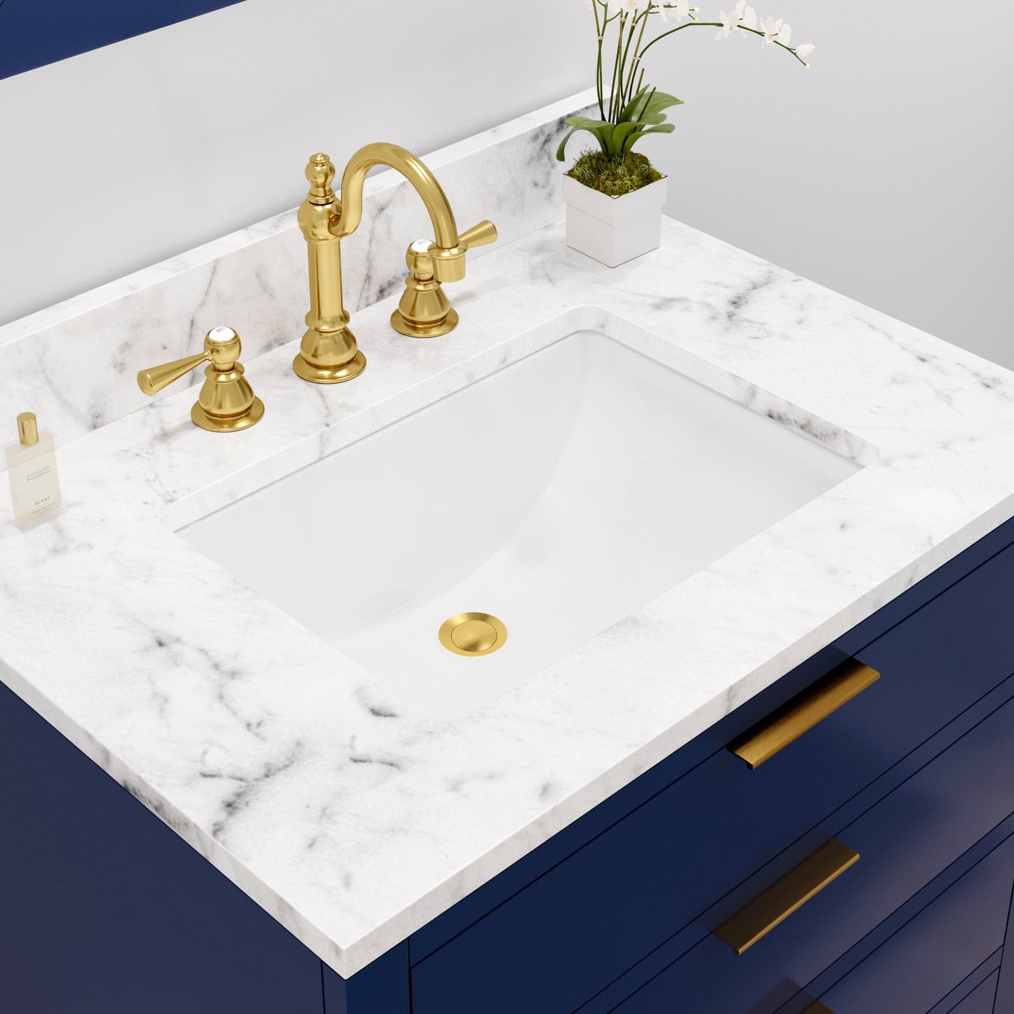 Water Creation BR30CW06MB-R21TL1206 BRISTOL 30"W x 34"H Monarch Blue Single-Sink Vanity with Carrara White Marble Countertop + Satin Gold Hook Faucet and Rectangular Mirror (S)