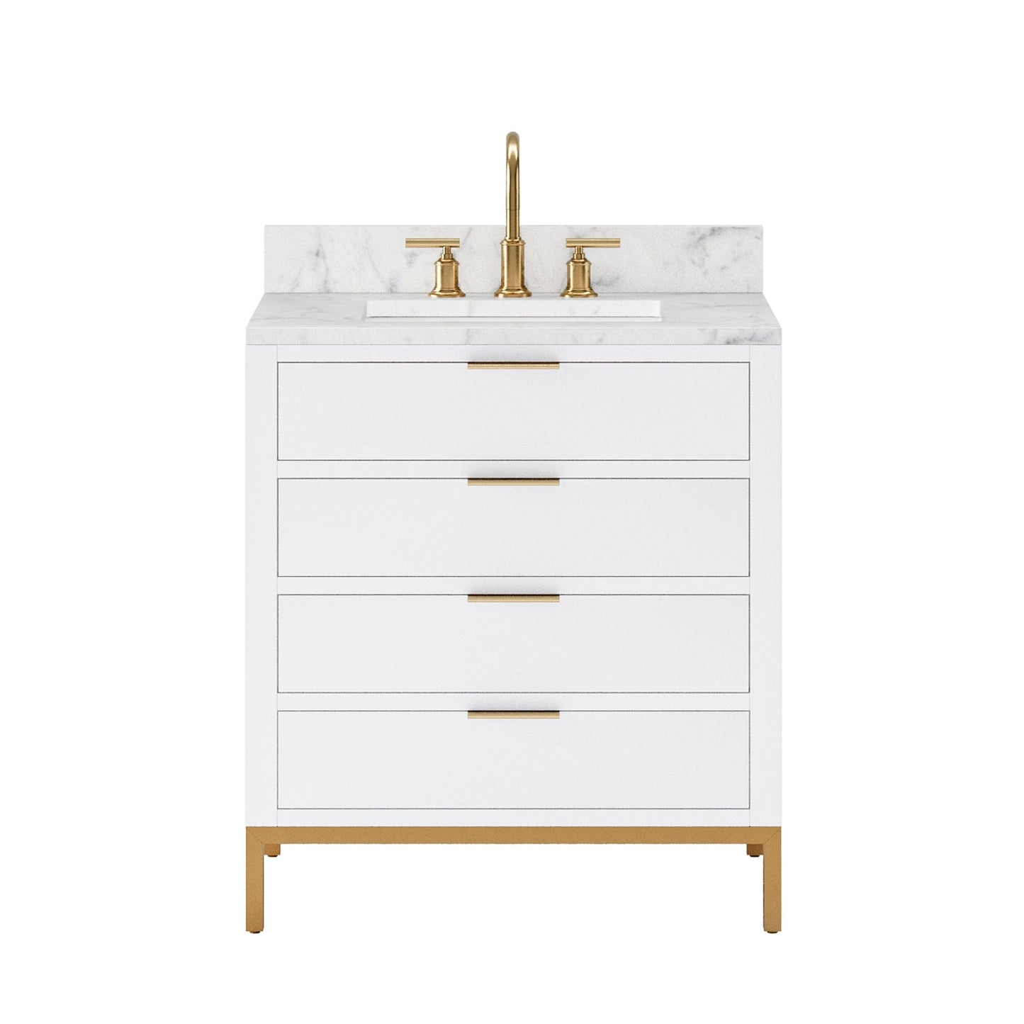 Water Creation BR30CW06PW-000BL1406 BRISTOL 30"W x 34"H Pure White Single-Sink Vanity with Carrara White Marble Countertop + Satin Gold Gooseneck Faucet