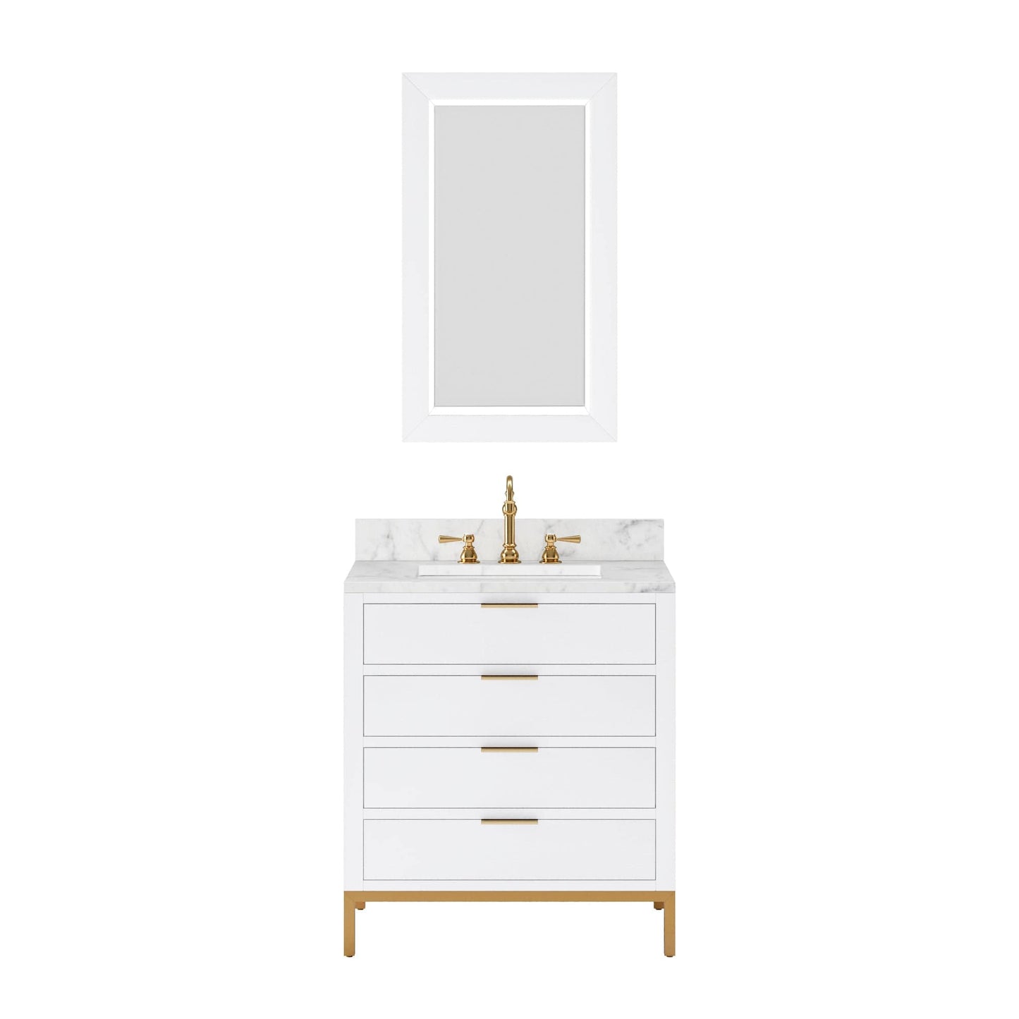 Water Creation BR30CW06PW-R21000000 BRISTOL 30"W x 34"H Pure White Single-Sink Vanity with Carrara White Marble Countertop + Rectangular Mirror (S)