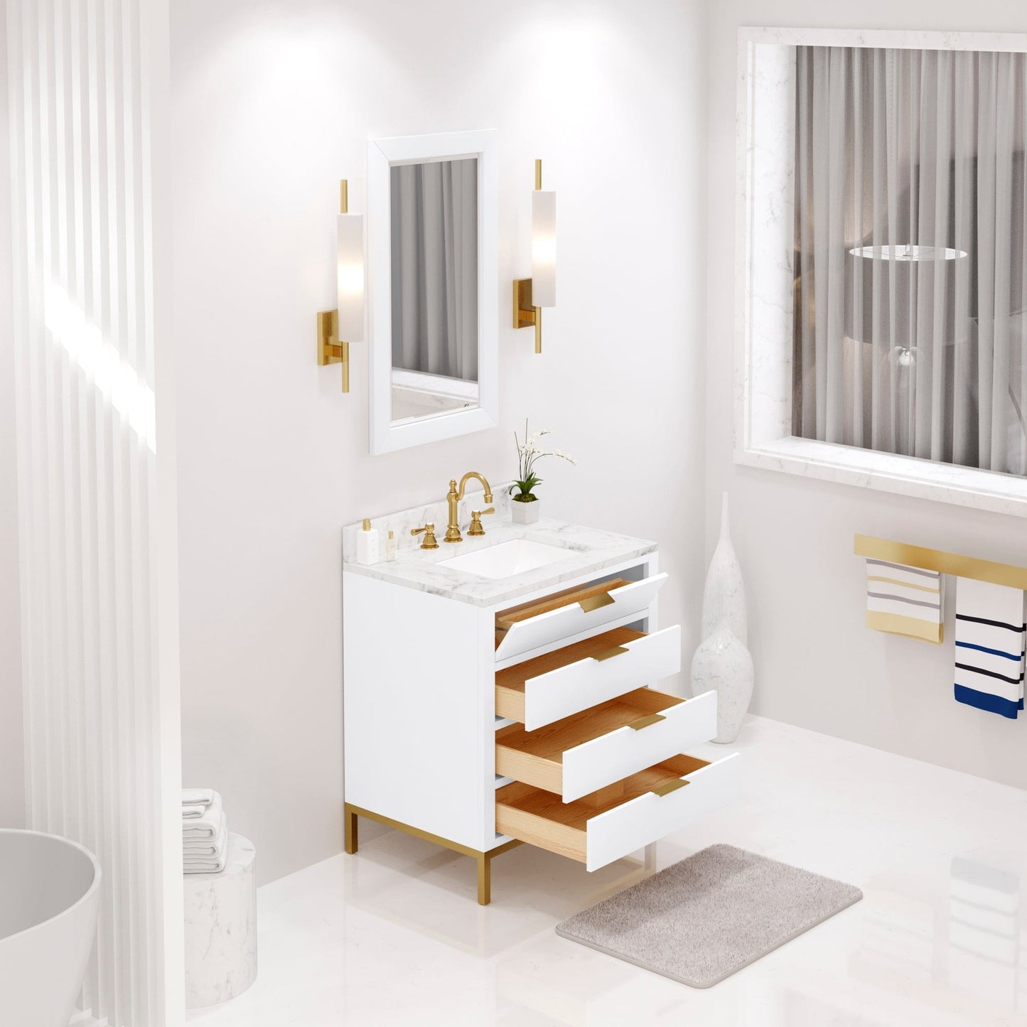 Water Creation BR30CW06PW-R21000000 BRISTOL 30"W x 34"H Pure White Single-Sink Vanity with Carrara White Marble Countertop + Rectangular Mirror (S)