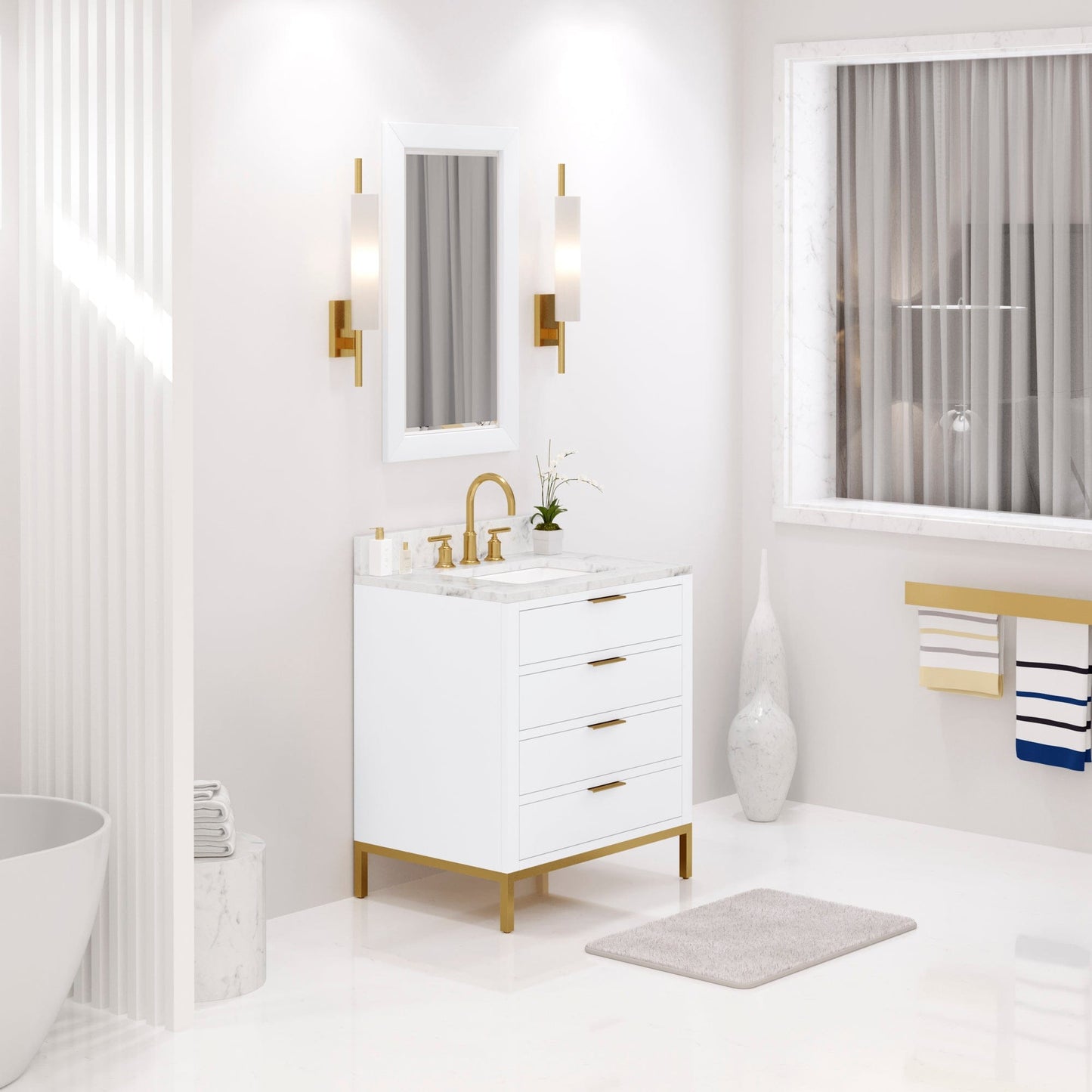 Water Creation BR30CW06PW-R21BL1406 BRISTOL 30"W x 34"H Pure White Single-Sink Vanity with Carrara White Marble Countertop + Satin Gold Gooseneck Faucet and Rectangular Mirror (S)