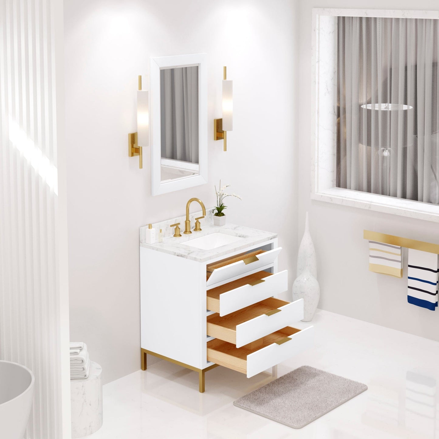 Water Creation BR30CW06PW-R21BL1406 BRISTOL 30"W x 34"H Pure White Single-Sink Vanity with Carrara White Marble Countertop + Satin Gold Gooseneck Faucet and Rectangular Mirror (S)