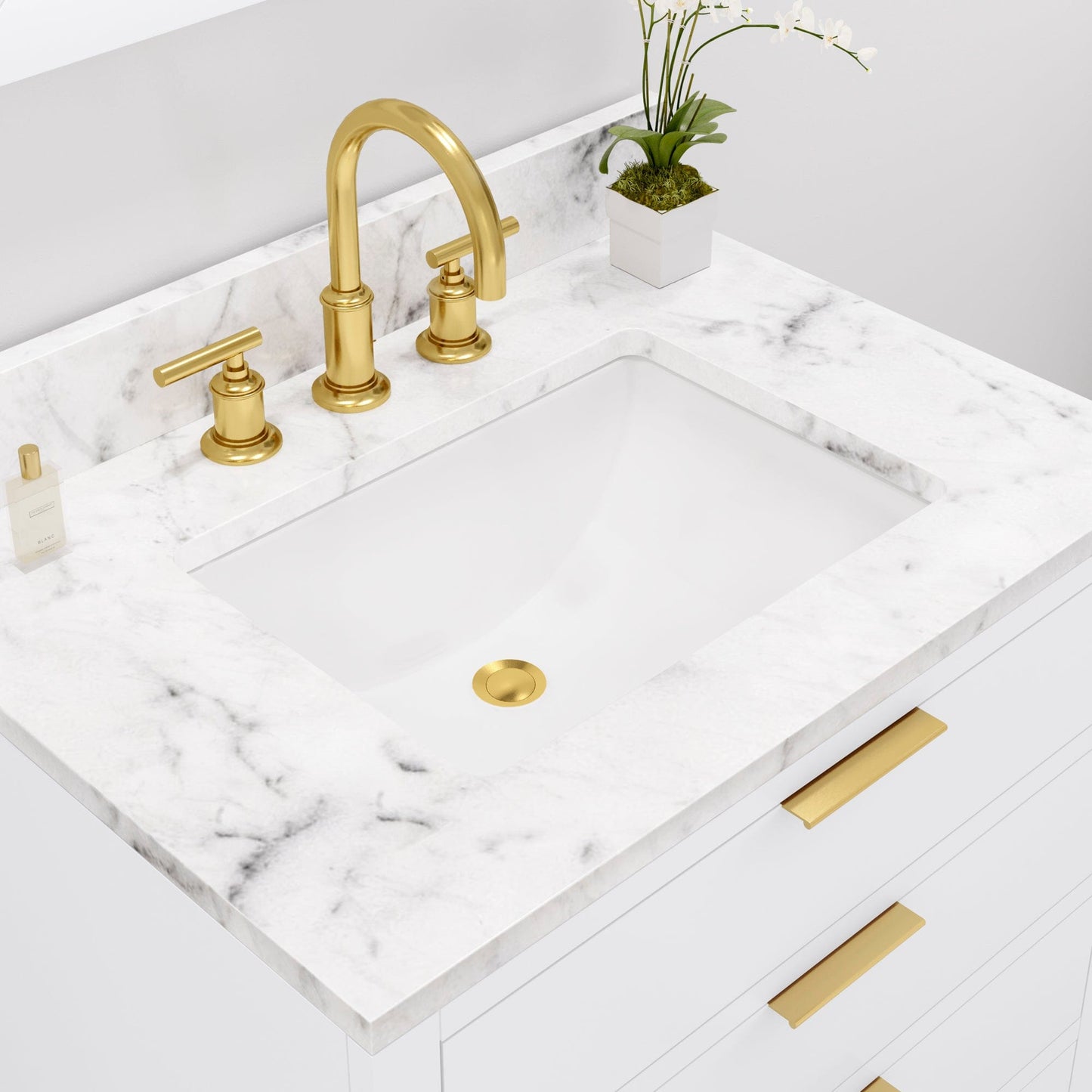 Water Creation BR30CW06PW-R21BL1406 BRISTOL 30"W x 34"H Pure White Single-Sink Vanity with Carrara White Marble Countertop + Satin Gold Gooseneck Faucet and Rectangular Mirror (S)
