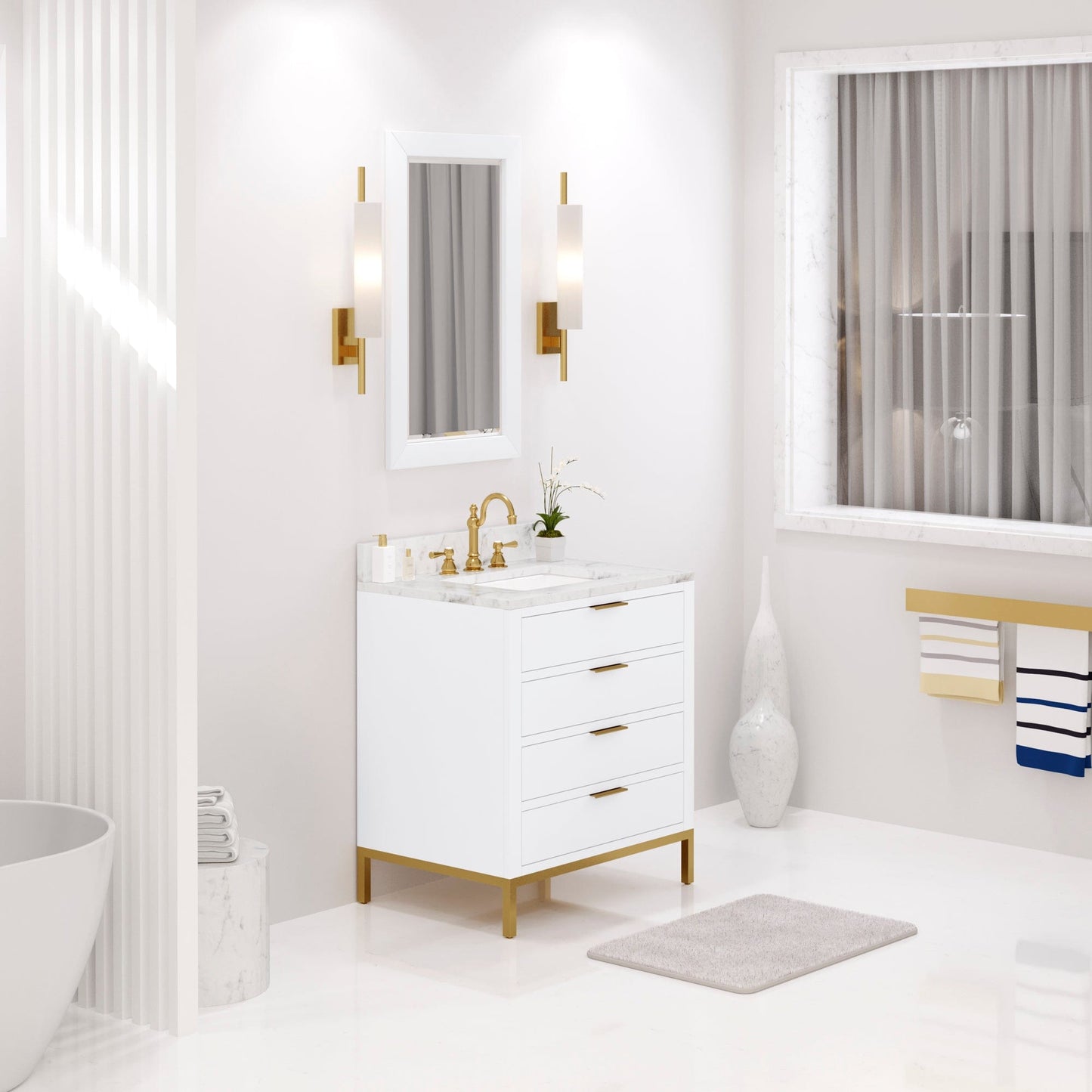 Water Creation BR30CW06PW-R21TL1206 BRISTOL 30"W x 34"H Pure White Single-Sink Vanity with Carrara White Marble Countertop + Satin Gold Hook Faucet and Rectangular Mirror (S)