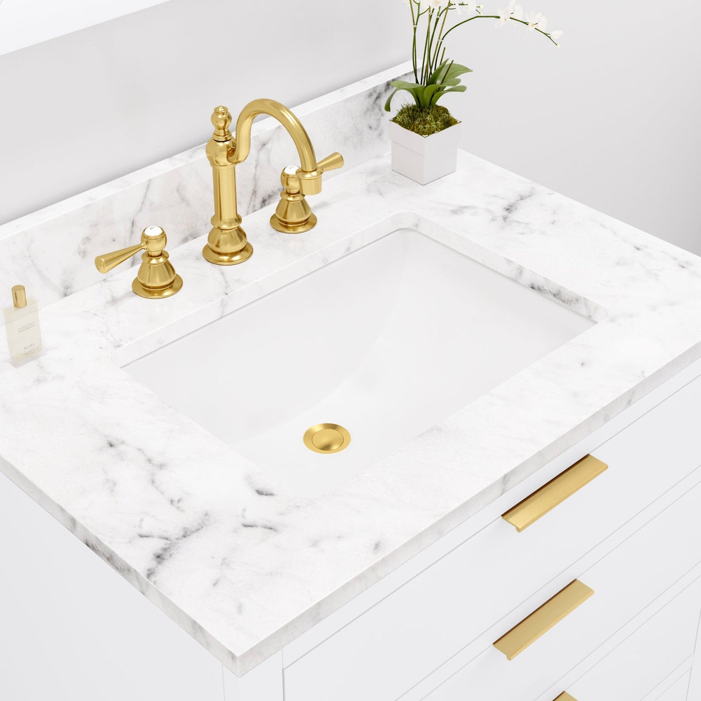 Water Creation BR30CW06PW-R21TL1206 BRISTOL 30"W x 34"H Pure White Single-Sink Vanity with Carrara White Marble Countertop + Satin Gold Hook Faucet and Rectangular Mirror (S)