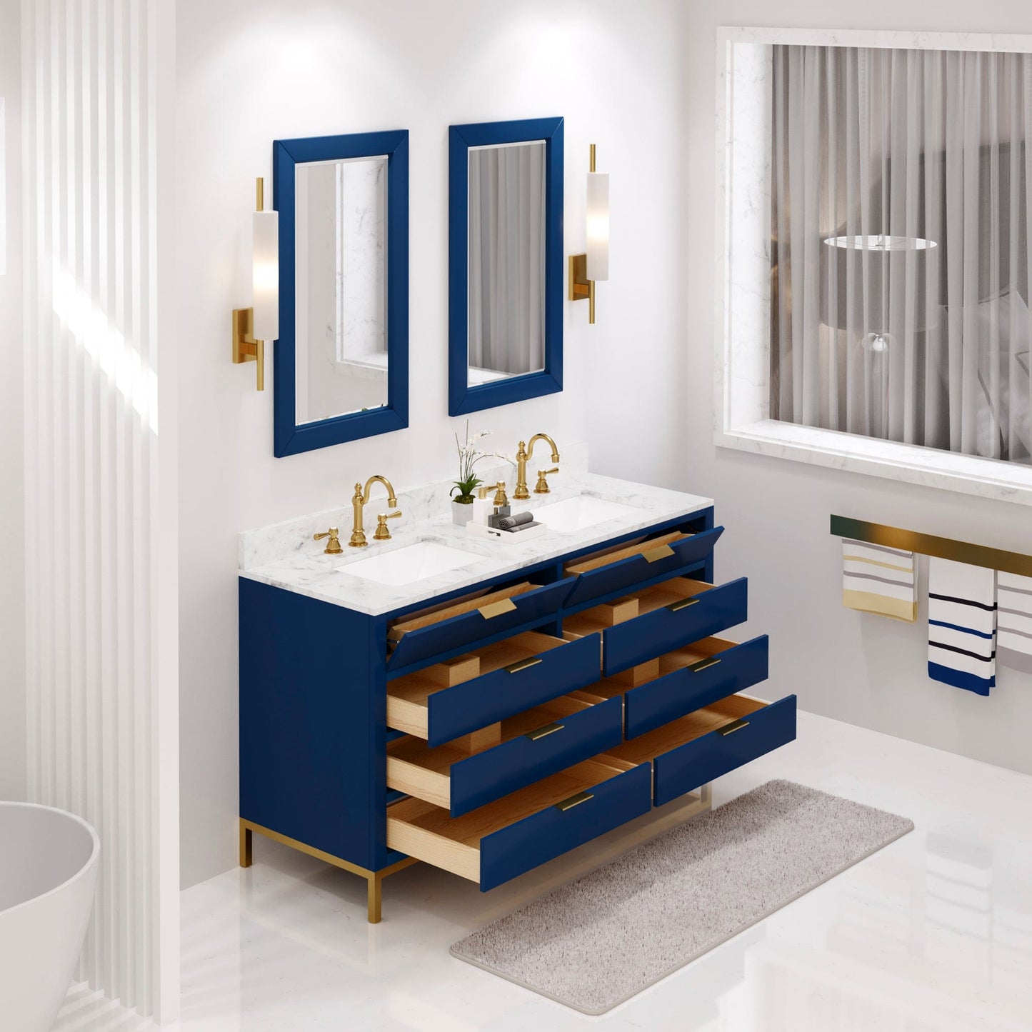 Water Creation BR60CW06MB-R21000000 BRISTOL 60"W x 34"H Monarch Blue Double-Sink Vanity with Carrara White Marble Countertop + Rectangular Mirrors (S)