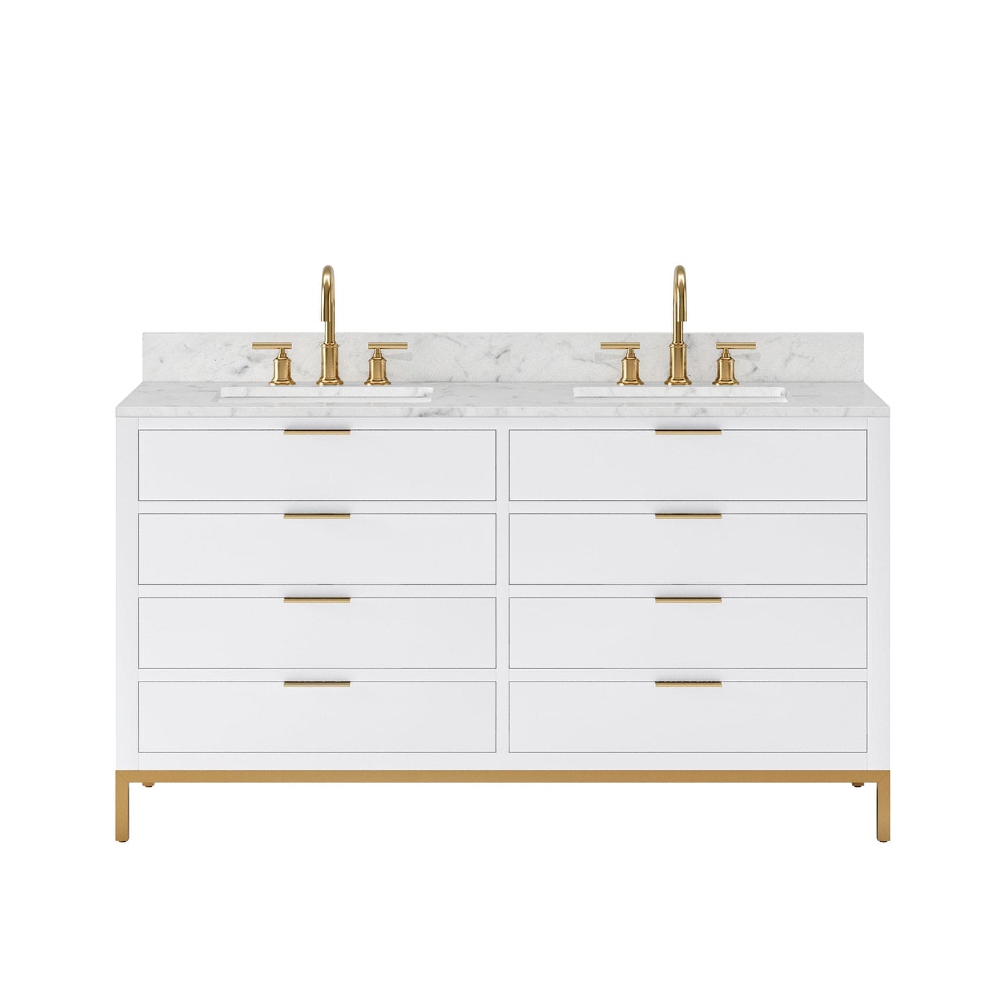 Water Creation BR60CW06PW-000BL1406 BRISTOL 60"W x 34"H Pure White Double-Sink Vanity with Carrara White Marble Countertop + Satin Gold Gooseneck Faucets