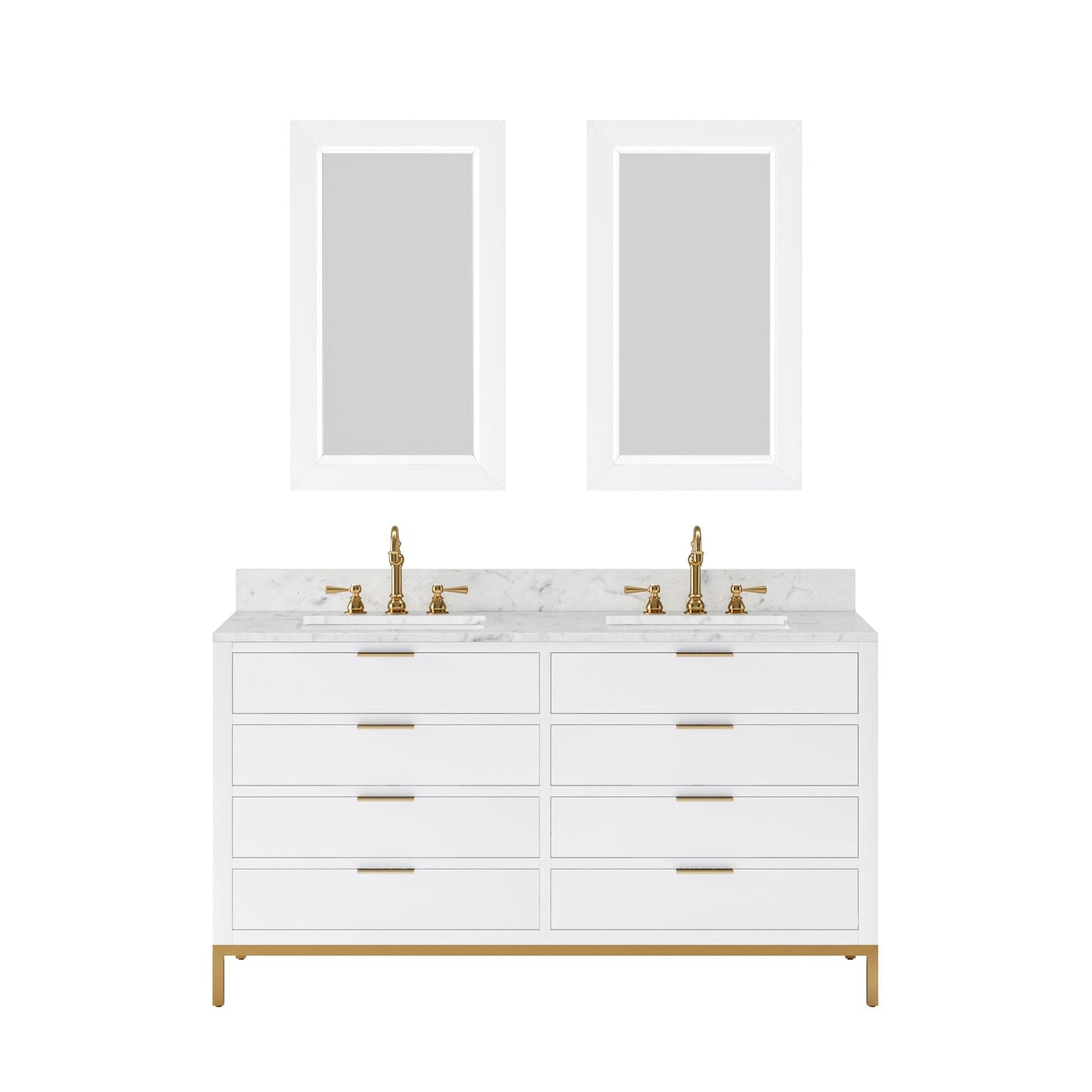 Water Creation BR60CW06PW-R21000000 BRISTOL 60"W x 34"H Pure White Double-Sink Vanity with Carrara White Marble Countertop + Rectangular Mirrors (S)