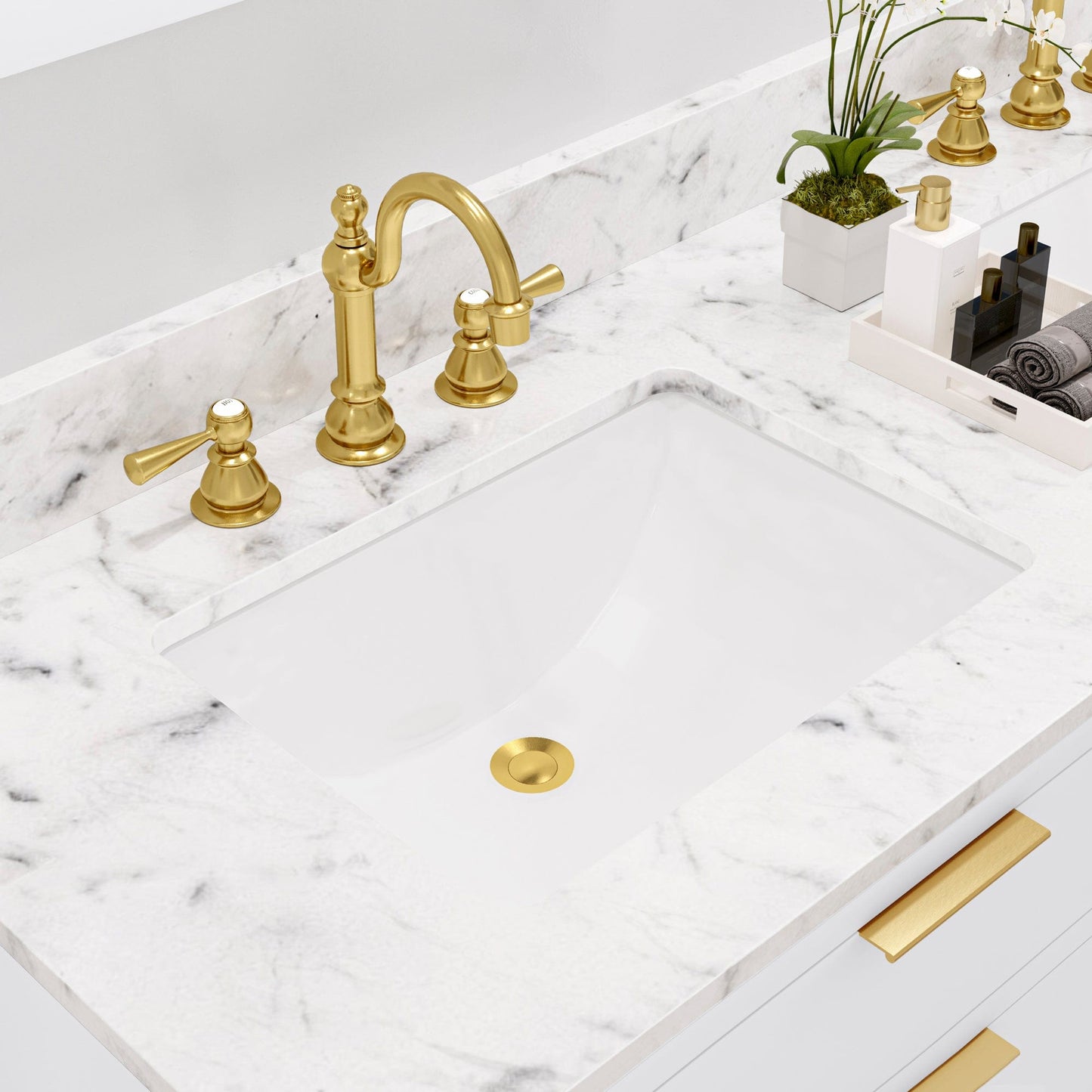 Water Creation BR60CW06PW-R21TL1206 BRISTOL 60"W x 34"H Pure White Double-Sink Vanity with Carrara White Marble Countertop + Satin Gold Hook Faucets and Rectangular Mirrors (S)