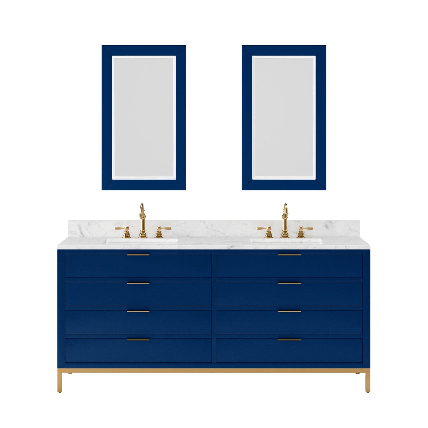 Water Creation BR72CW06MB-R21000000 BRISTOL 72"W x 34"H Monarch Blue Double-Sink Vanity with Carrara White Marble Countertop + Rectangular Mirrors (S)