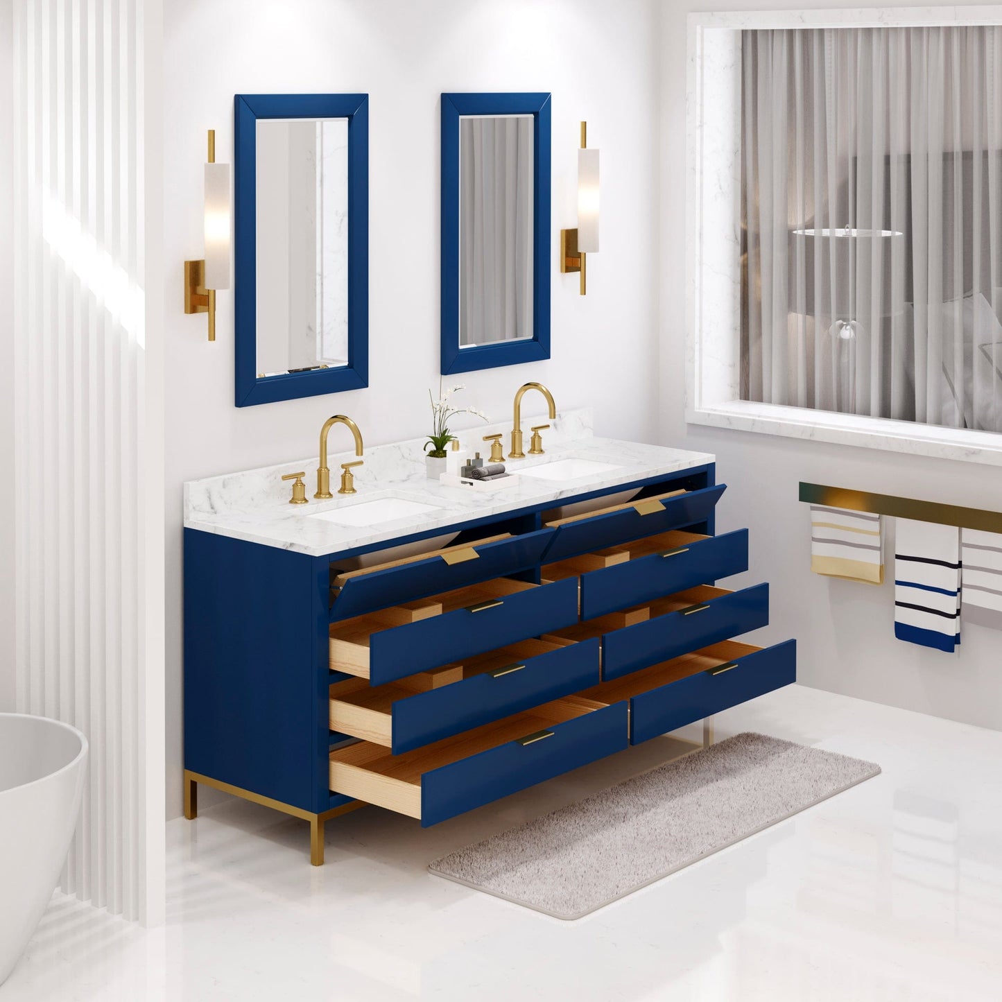 Water Creation BR72CW06MB-R21BL1406 BRISTOL 72"W x 34"H Monarch Blue Double-Sink Vanity with Carrara White Marble Countertop + Satin Gold Gooseneck Faucets and Rectangular Mirrors (S)