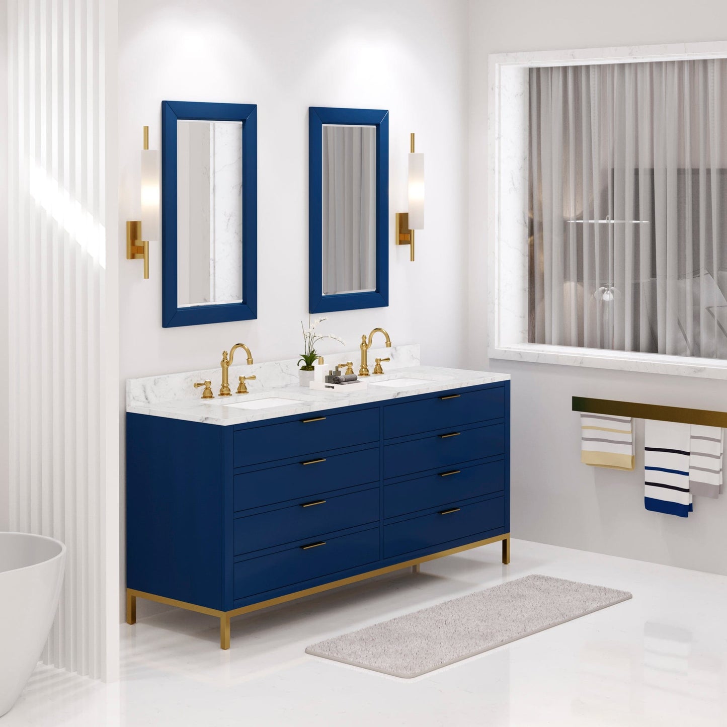 Water Creation BR72CW06MB-R21TL1206 BRISTOL 72"W x 34"H Monarch Blue Double-Sink Vanity with Carrara White Marble Countertop + Satin Gold Hook Faucets and Rectangular Mirrors (S)