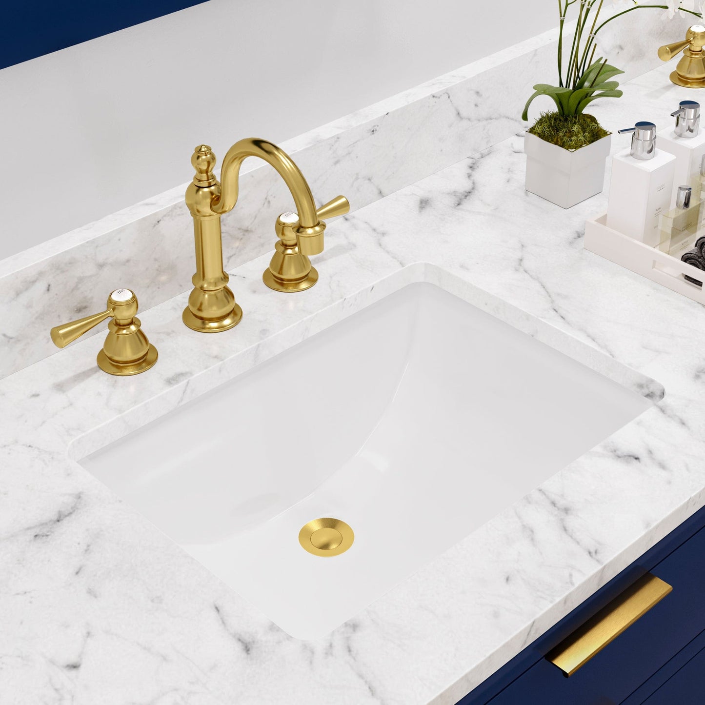Water Creation BR72CW06MB-R21TL1206 BRISTOL 72"W x 34"H Monarch Blue Double-Sink Vanity with Carrara White Marble Countertop + Satin Gold Hook Faucets and Rectangular Mirrors (S)