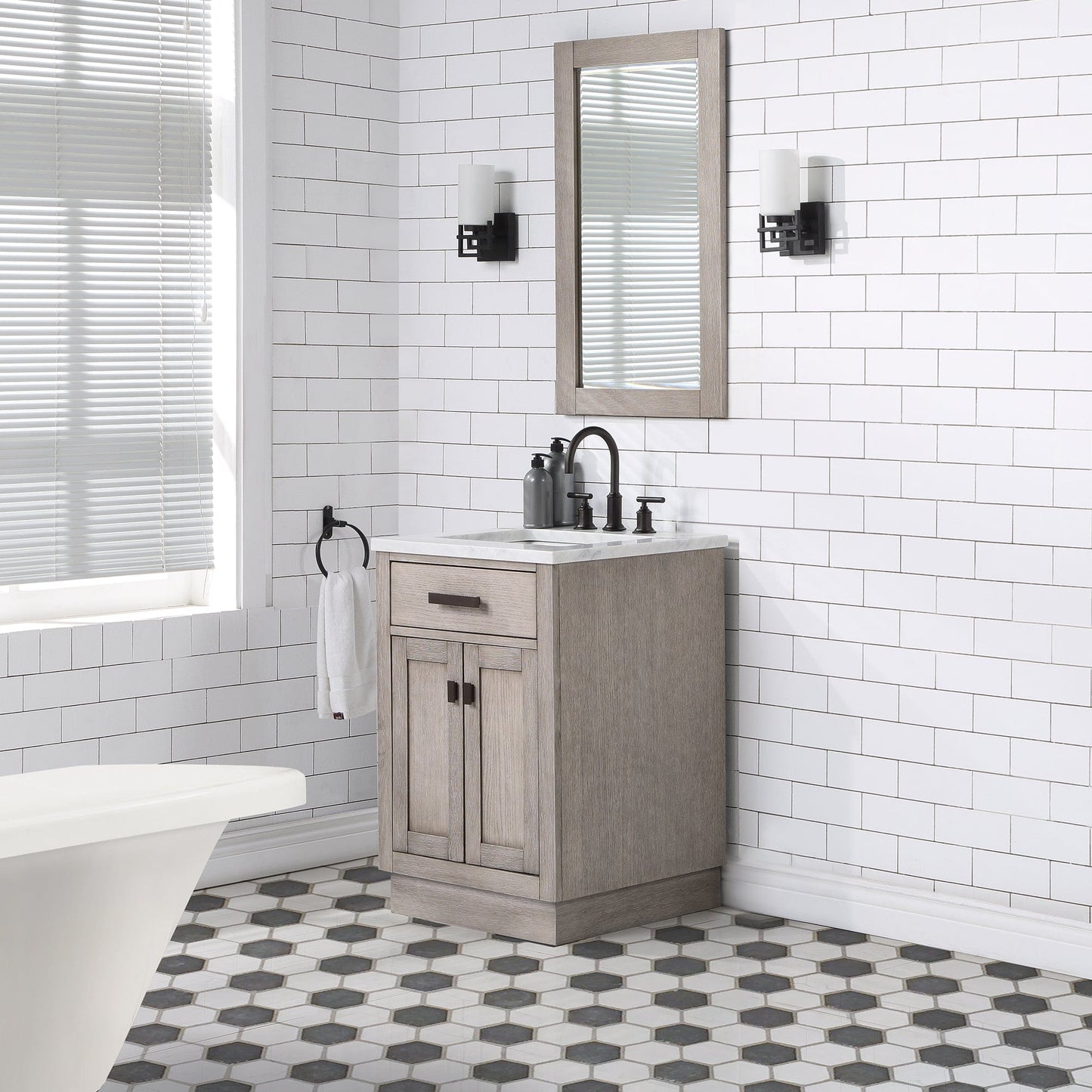Water Creation CH24CW03GK-R21000000 CHESTNUT 24"W x 34.2"H Gray Oak Single-Sink Vanity with Carrara White Marble Countertop + Mirror