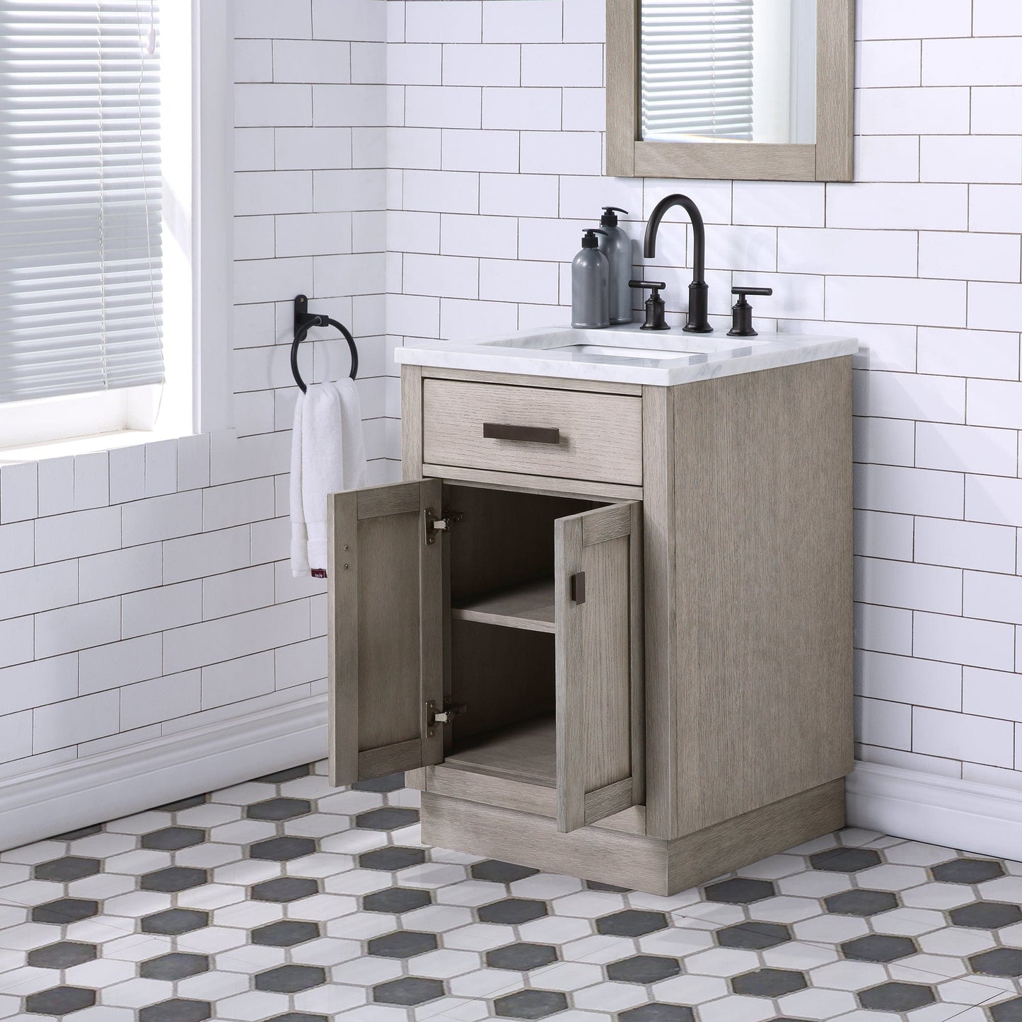 Water Creation CH24CW03GK-R21BL1403 CHESTNUT 24"W x 34.2"H Gray Oak Single-Sink Vanity with Carrara White Marble Countertop + Faucet & Mirror