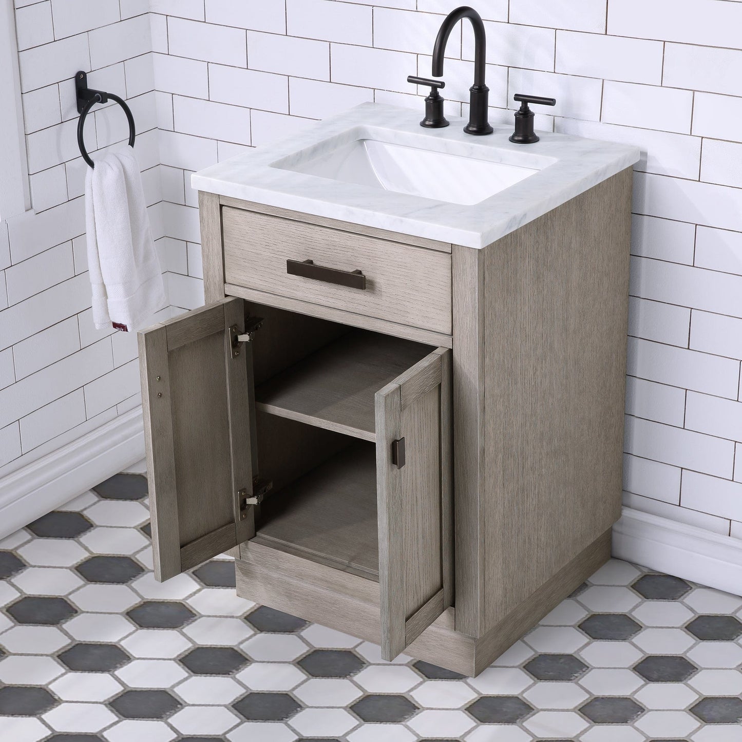 Water Creation CH24CW03GK-R21BL1403 CHESTNUT 24"W x 34.2"H Gray Oak Single-Sink Vanity with Carrara White Marble Countertop + Faucet & Mirror