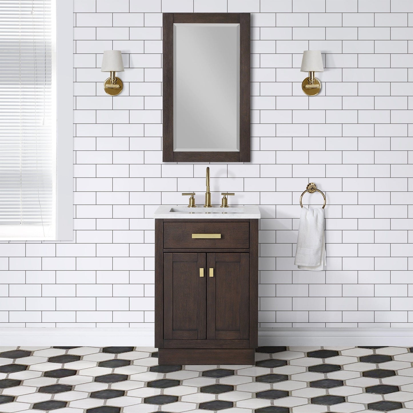 Water Creation CH24CW06BK-R21000000 CHESTNUT 24"W x 34.2"H Brown Oak Single-Sink Vanity with Carrara White Marble Countertop + Mirror