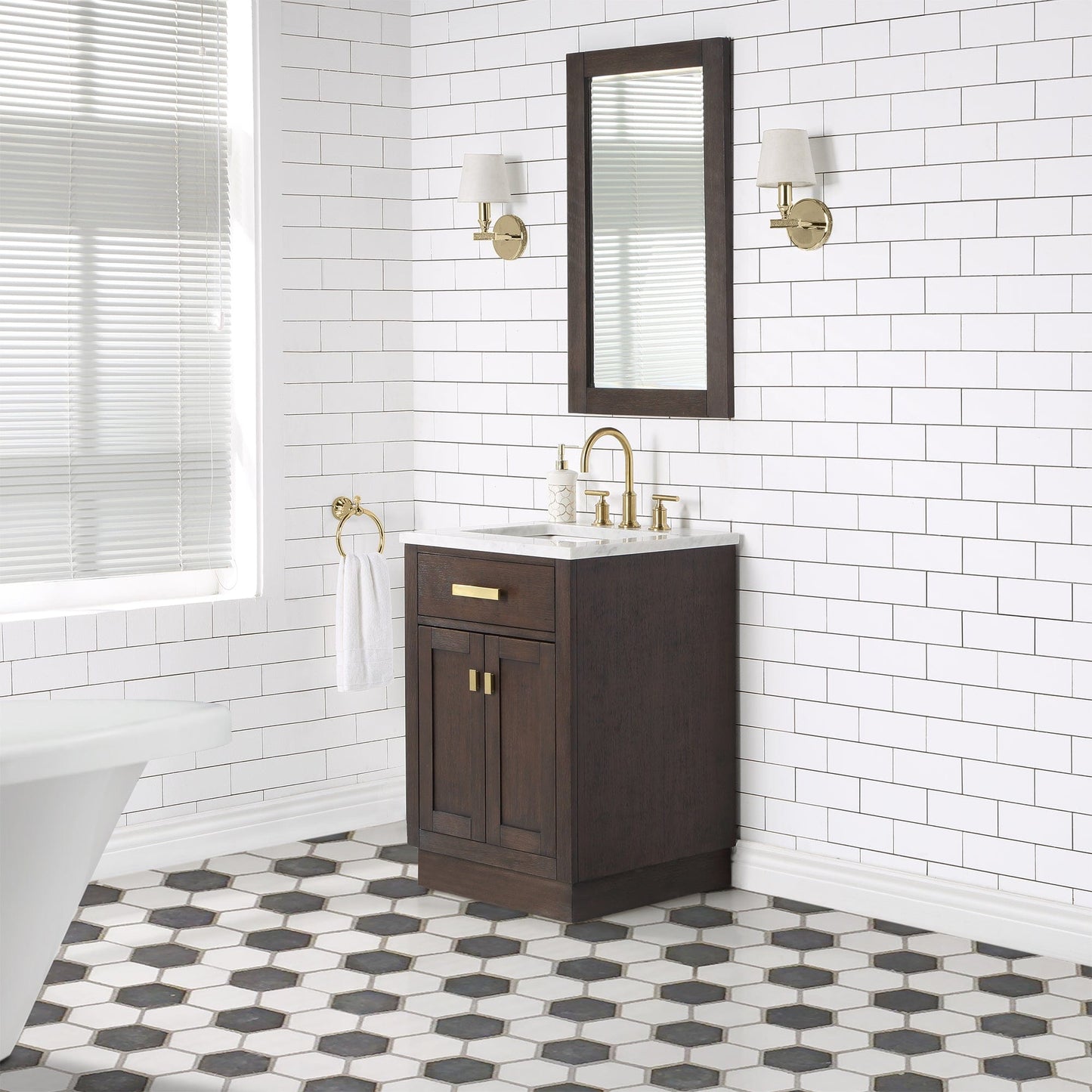 Water Creation CH24CW06BK-R21BL1406 CHESTNUT 24"W x 34.2"H Brown Oak Single-Sink Vanity with Carrara White Marble Countertop + Faucet & Mirror