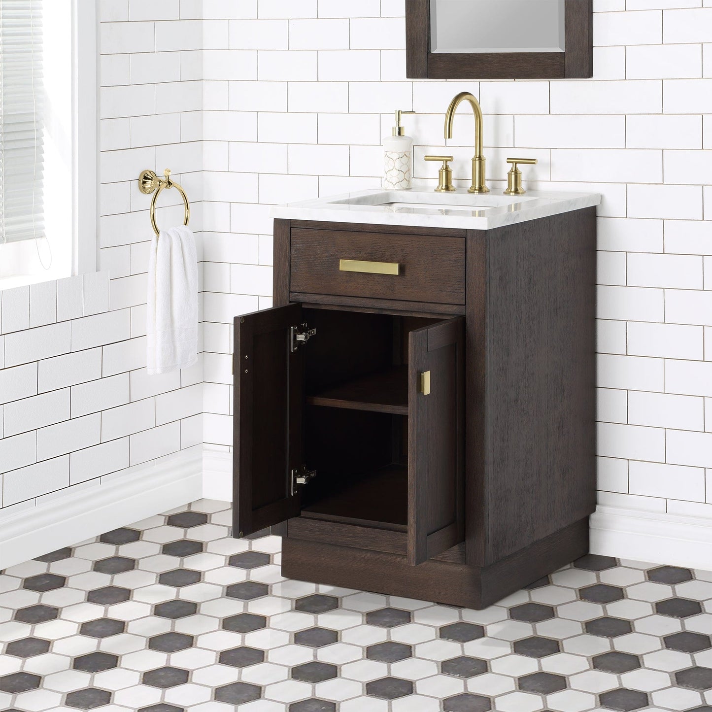 Water Creation CH24CW06BK-R21BL1406 CHESTNUT 24"W x 34.2"H Brown Oak Single-Sink Vanity with Carrara White Marble Countertop + Faucet & Mirror