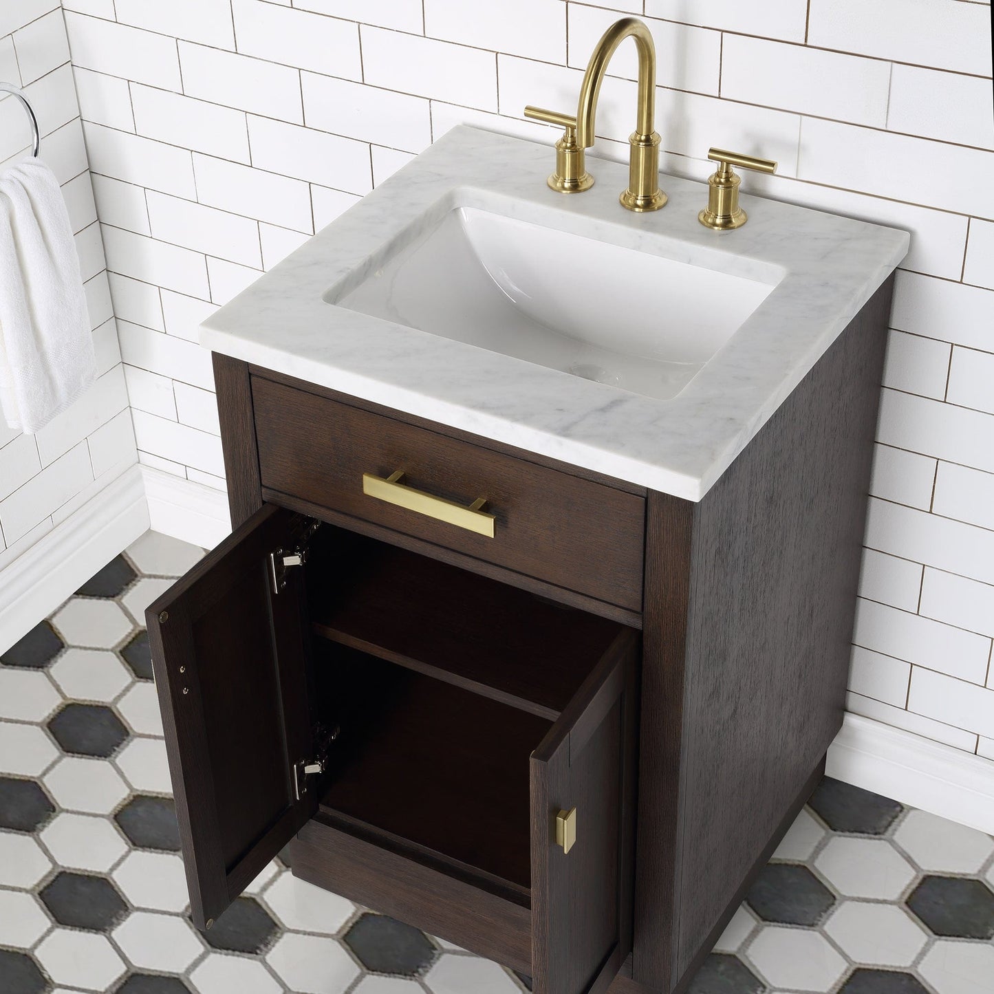 Water Creation CH24CW06BK-R21BL1406 CHESTNUT 24"W x 34.2"H Brown Oak Single-Sink Vanity with Carrara White Marble Countertop + Faucet & Mirror