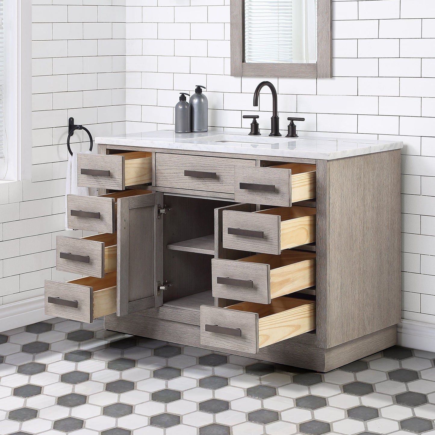 Water Creation CH48CW03GK-R21000000 CHESTNUT 48"W x 34.2"H Gray Oak Single-Sink Vanity with Carrara White Marble Countertop + Mirror