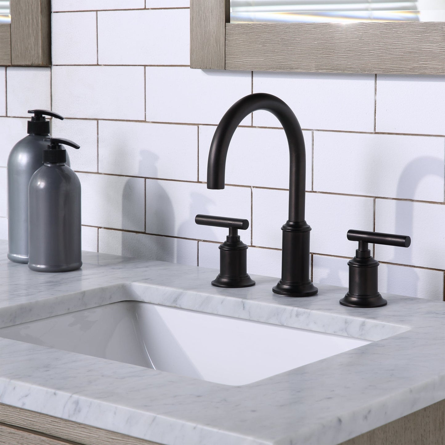Water Creation CH60CW03GK-000BL1403 CHESTNUT 60"W x 34.2"H Gray Oak Double-Sink Vanity with Carrara White Marble Countertop + Faucets