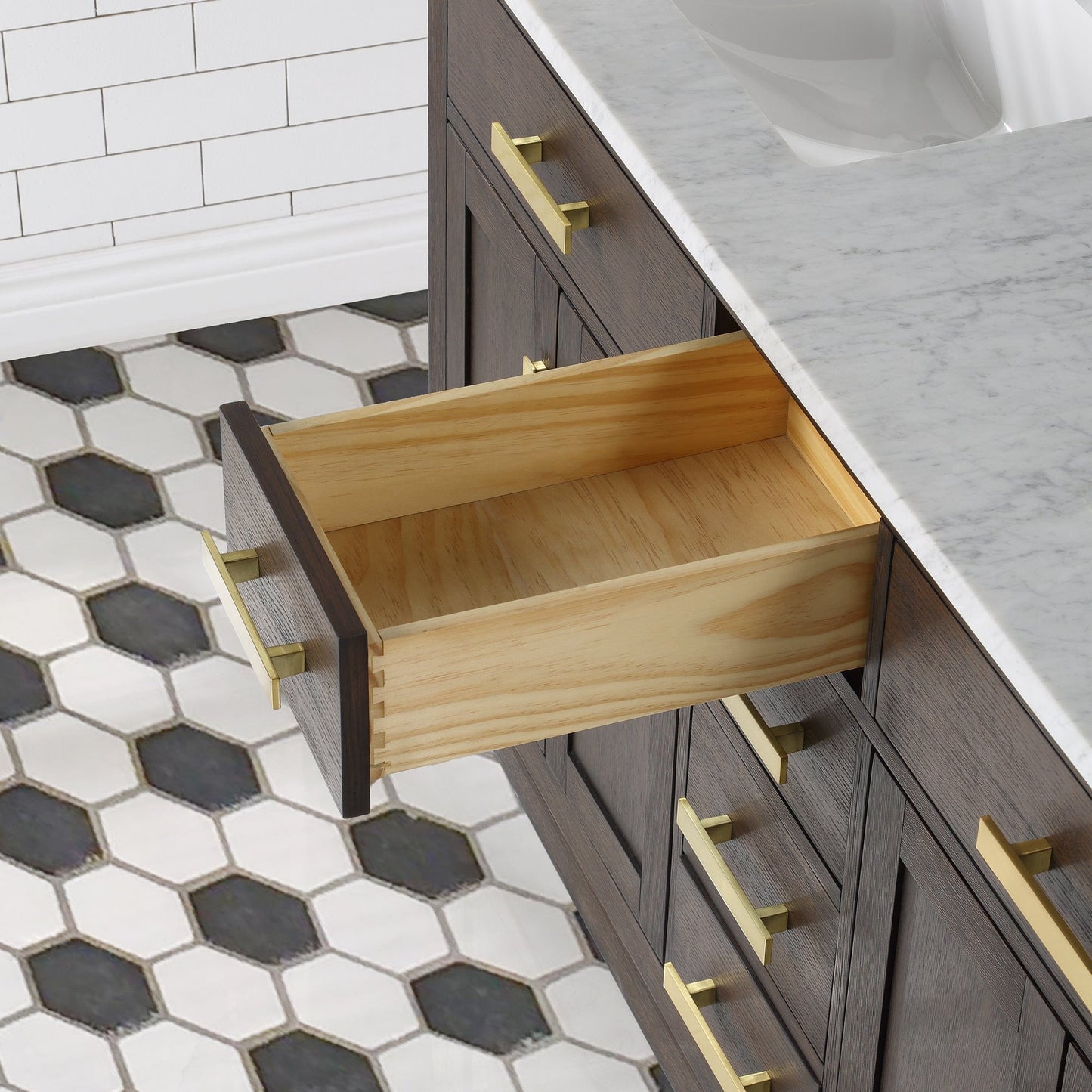 Water Creation CH60CW06BK-000000000 CHESTNUT 60"W x 34.2"H Brown Oak Double-Sink Vanity with Carrara White Marble Countertop (Vanity Only)