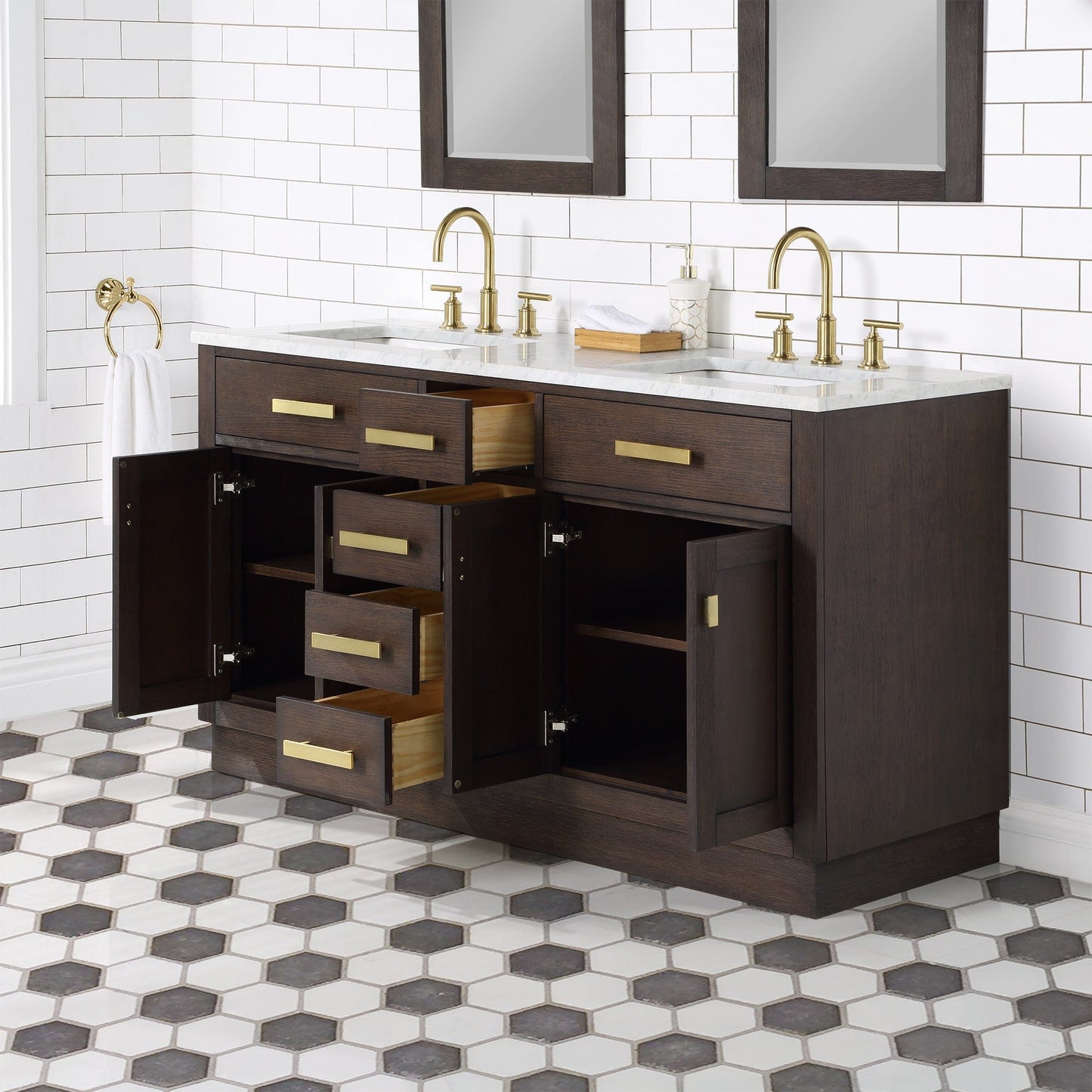 Water Creation CH60CW06BK-R21000000 CHESTNUT 60"W x 34.2"H Brown Oak Double-Sink Vanity with Carrara White Marble Countertop + Mirrors