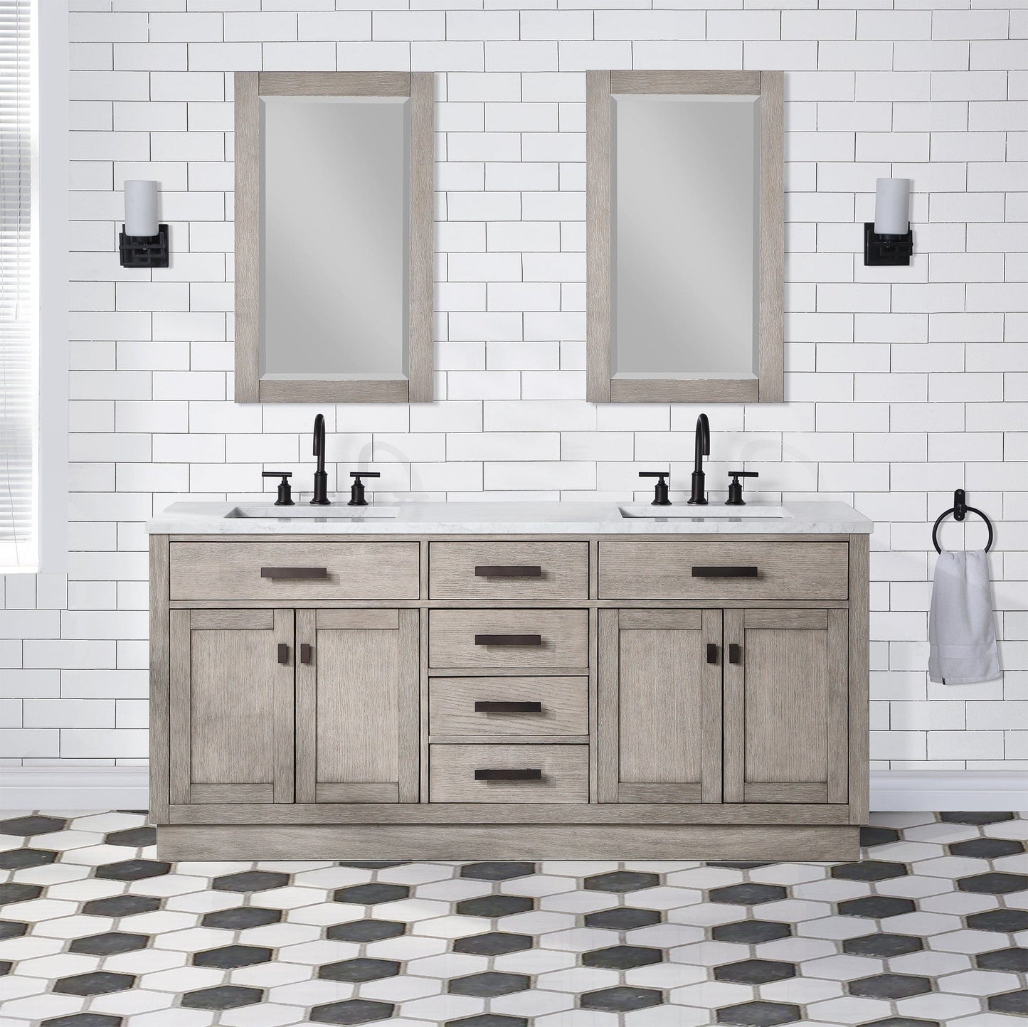 Water Creation CH72CW03GK-R21BL1403 CHESTNUT 72"W x 34.2"H Gray Oak Double-Sink Vanity with Carrara White Marble Countertop + Faucets & Mirrors