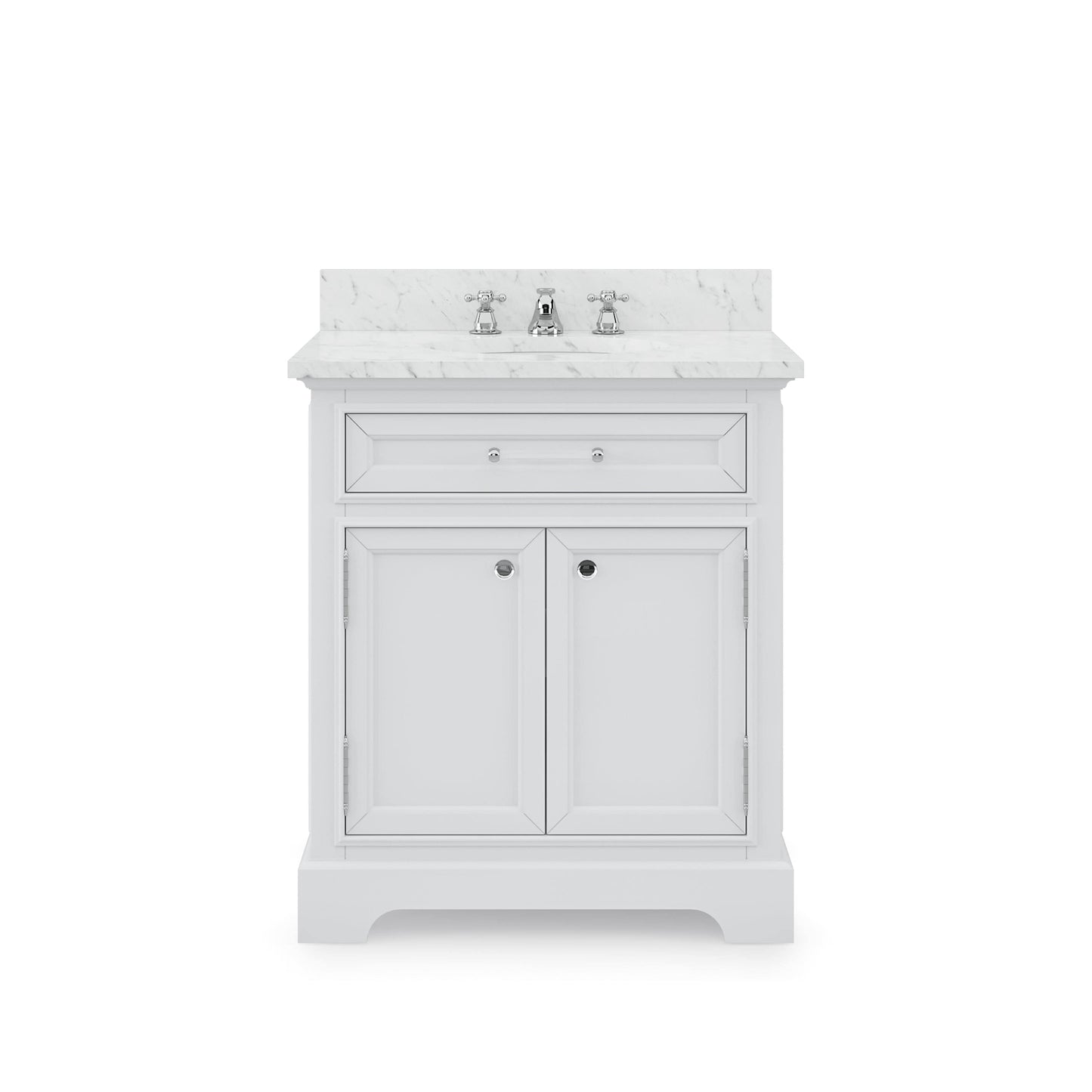 Water Creation DE30CW01PW-000000000 DERBY 30"W x 34"H Pure White Single-Sink Vanity with Carrara White Marble Countertop (Vanity Only)