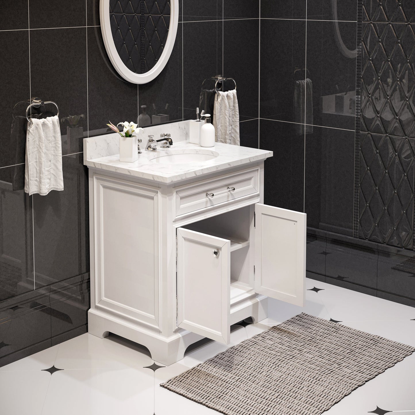 Water Creation DE30CW01PW-O24000000 DERBY 30"W x 34"H Pure White Single-Sink Vanity with Carrara White Marble Countertop + Mirror