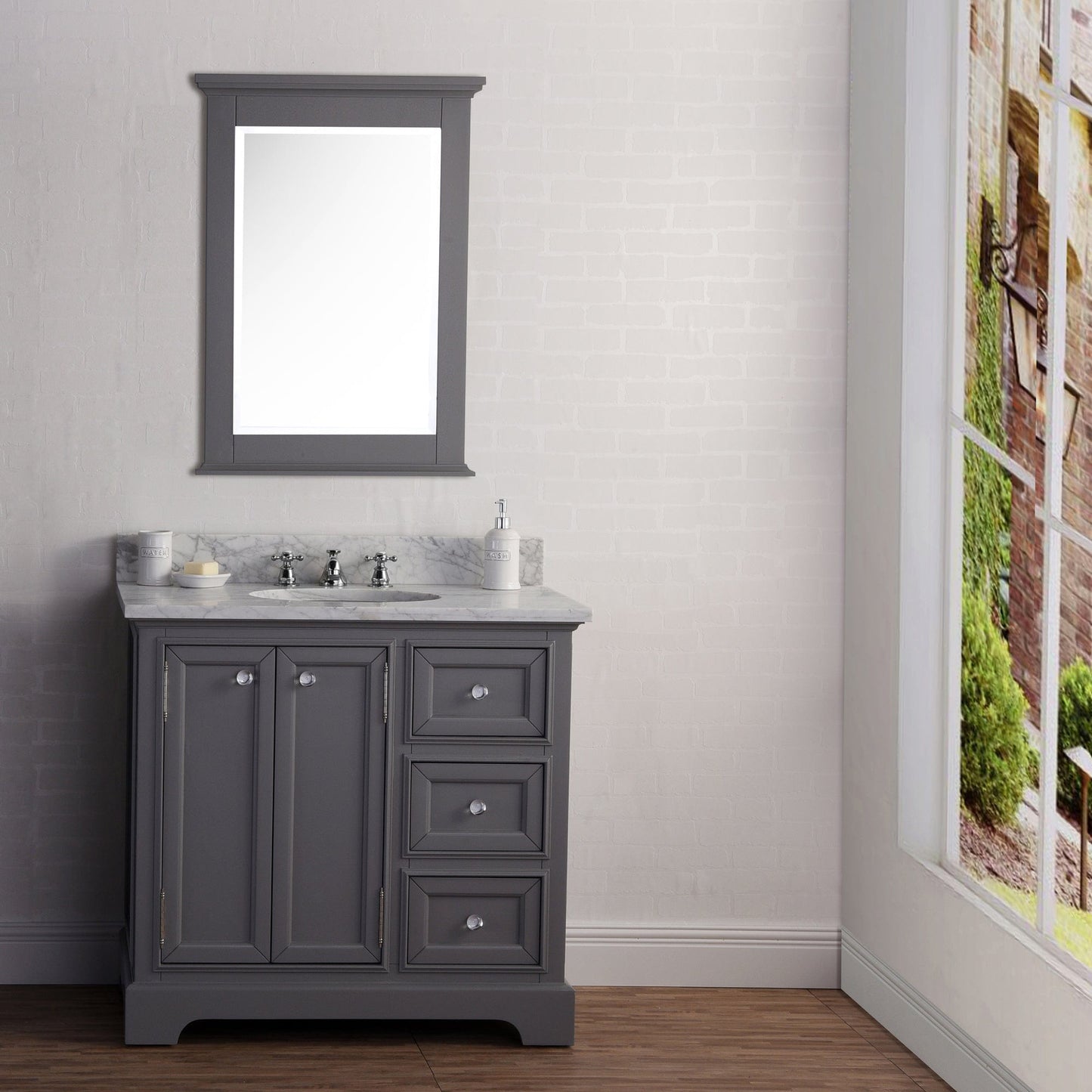 Water Creation DE36CW01CG-B24BX0901 DERBY 36"W x 34"H Cashmere Gray Single-Sink Vanity with Carrara White Marble Countertop + Faucet & Mirror