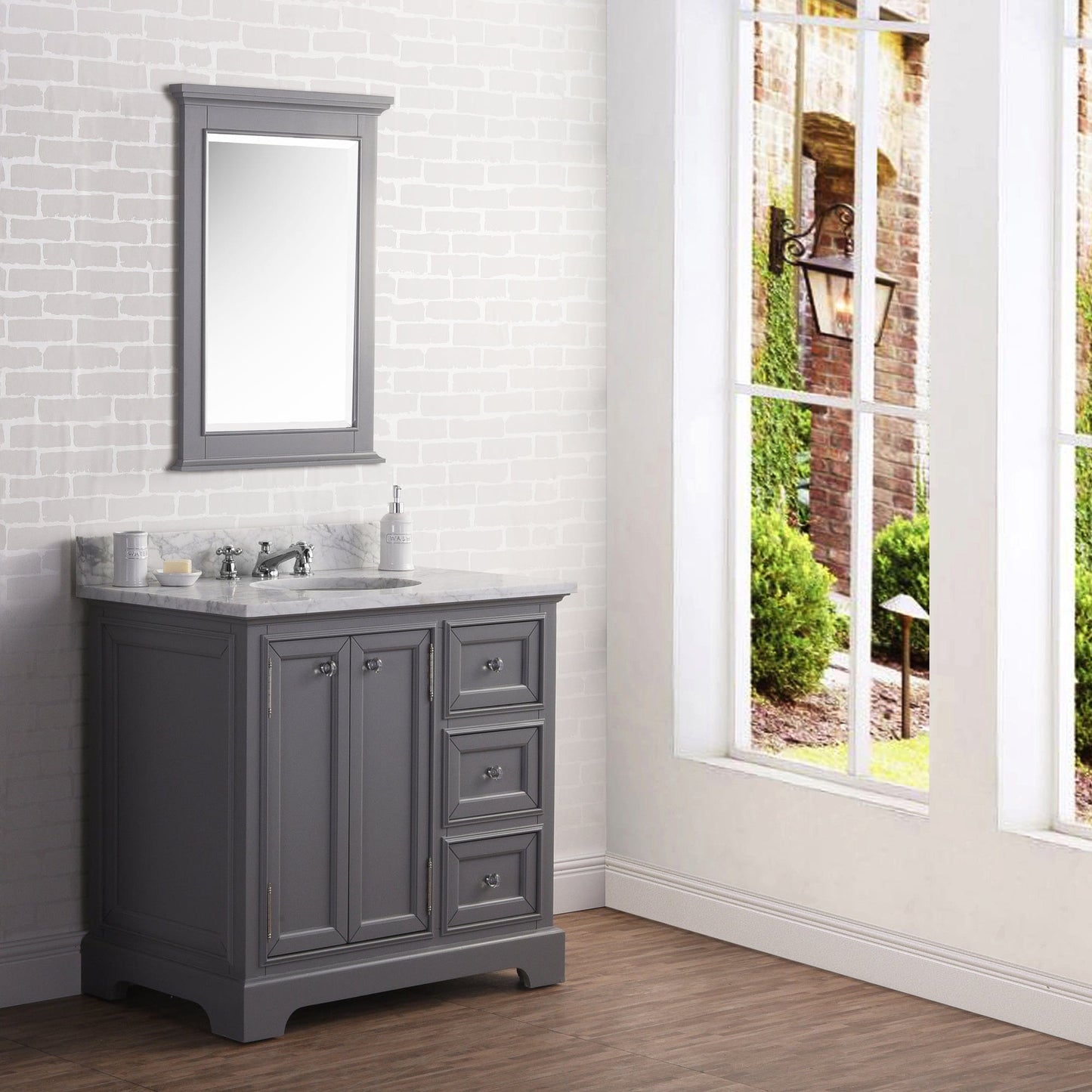 Water Creation DE36CW01CG-B24BX0901 DERBY 36"W x 34"H Cashmere Gray Single-Sink Vanity with Carrara White Marble Countertop + Faucet & Mirror