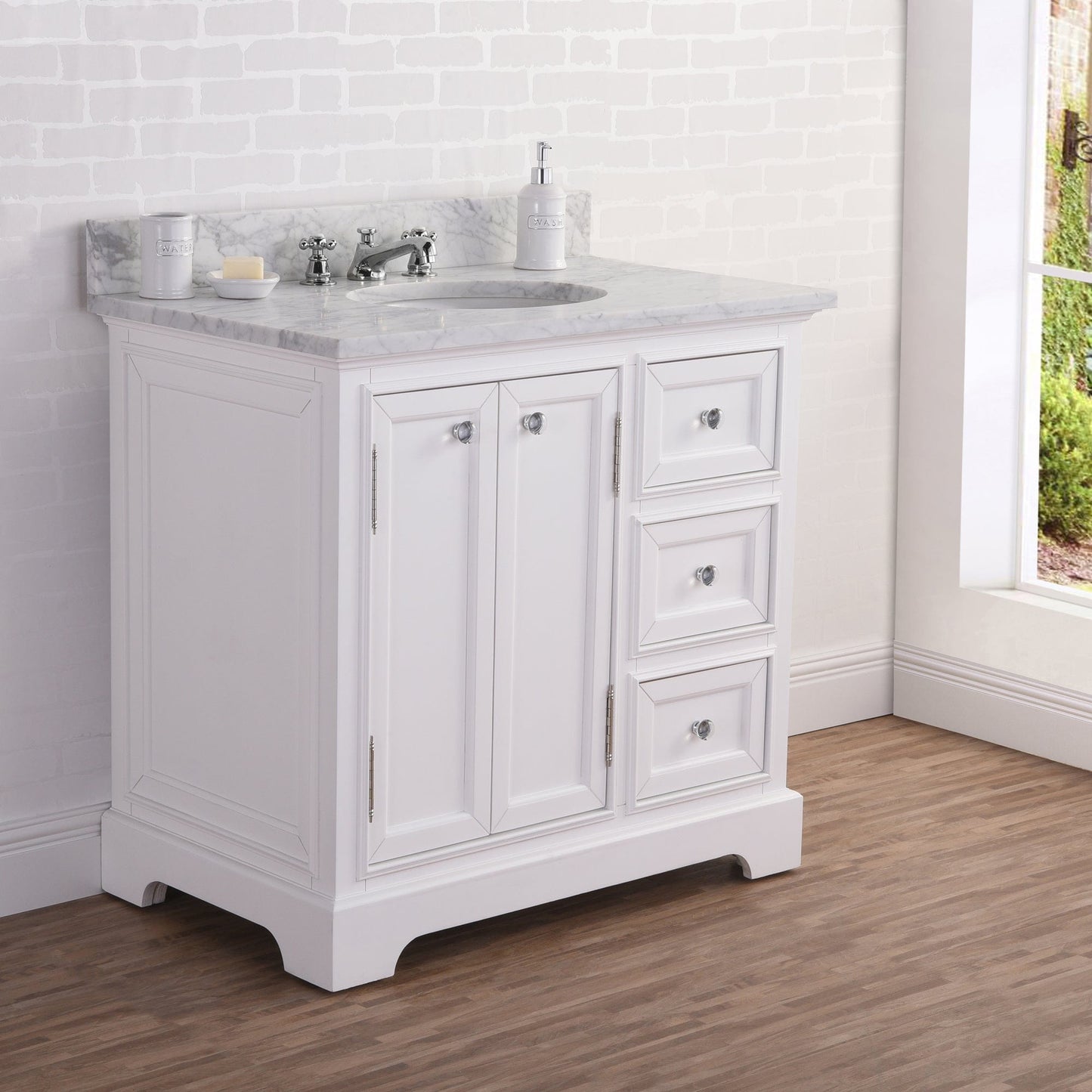Water Creation DE36CW01PW-B24000000 DERBY 36"W x 34"H Pure White Single-Sink Vanity with Carrara White Marble Countertop + Mirror