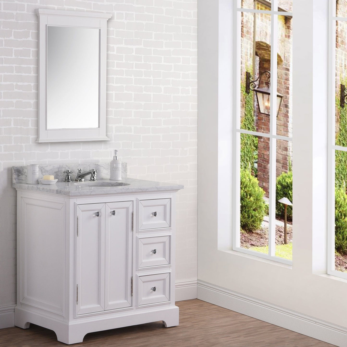 Water Creation DE36CW01PW-B24000000 DERBY 36"W x 34"H Pure White Single-Sink Vanity with Carrara White Marble Countertop + Mirror