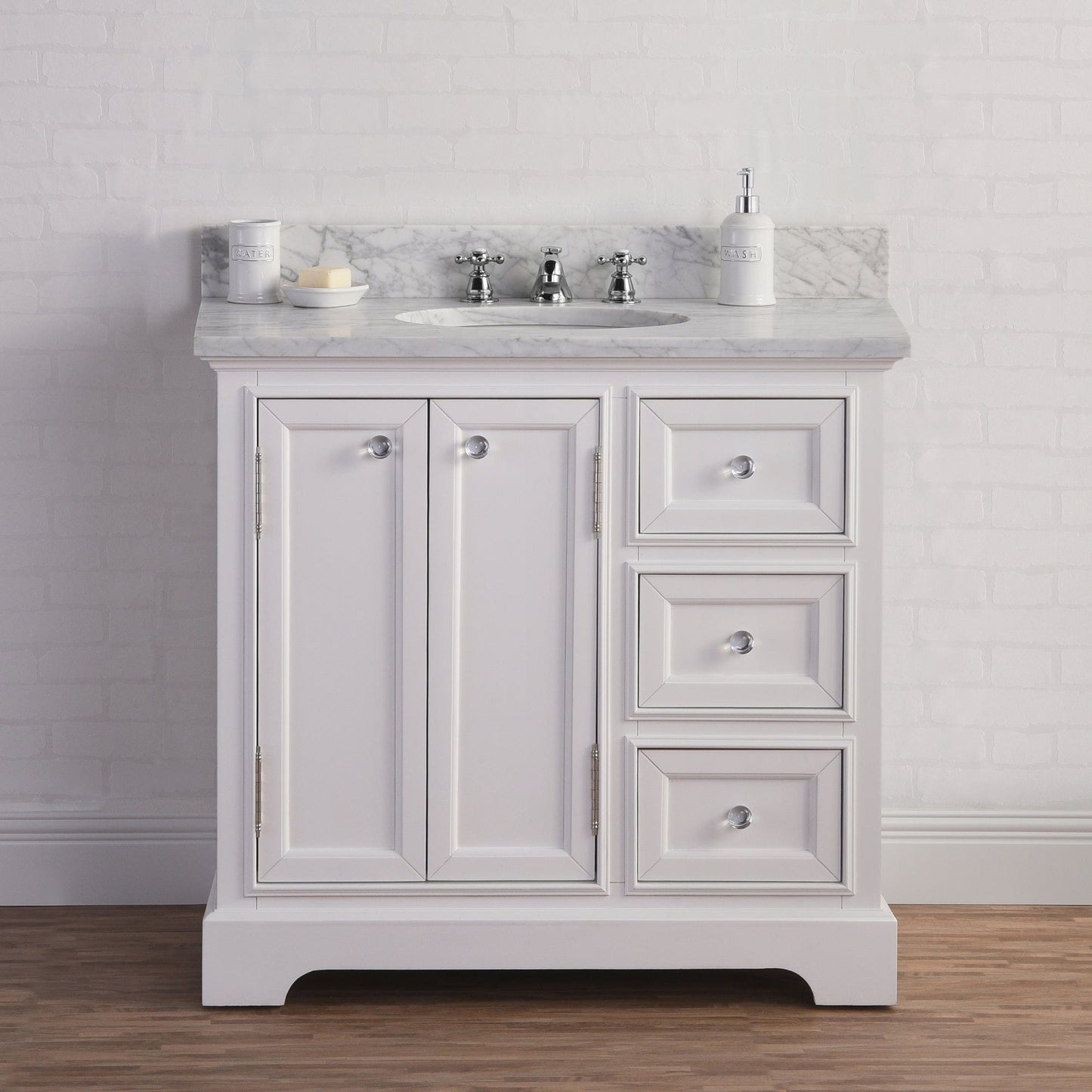 Water Creation DE36CW01PW-B24BX0901 DERBY 36"W x 34"H Pure White Single-Sink Vanity with Carrara White Marble Countertop + Faucet & Mirror
