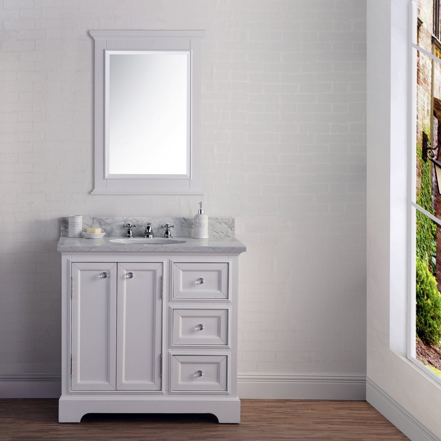 Water Creation DE36CW01PW-B24BX0901 DERBY 36"W x 34"H Pure White Single-Sink Vanity with Carrara White Marble Countertop + Faucet & Mirror