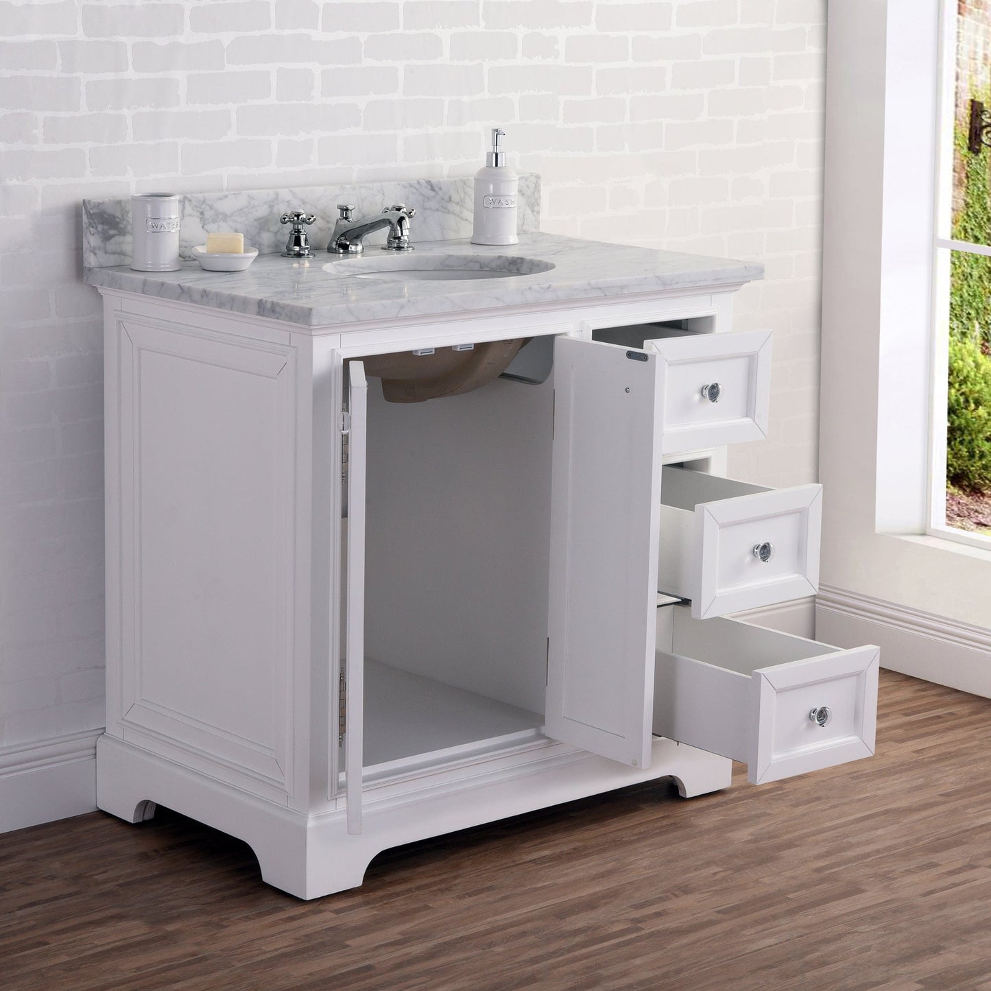 Water Creation DE36CW01PW-B24BX0901 DERBY 36"W x 34"H Pure White Single-Sink Vanity with Carrara White Marble Countertop + Faucet & Mirror