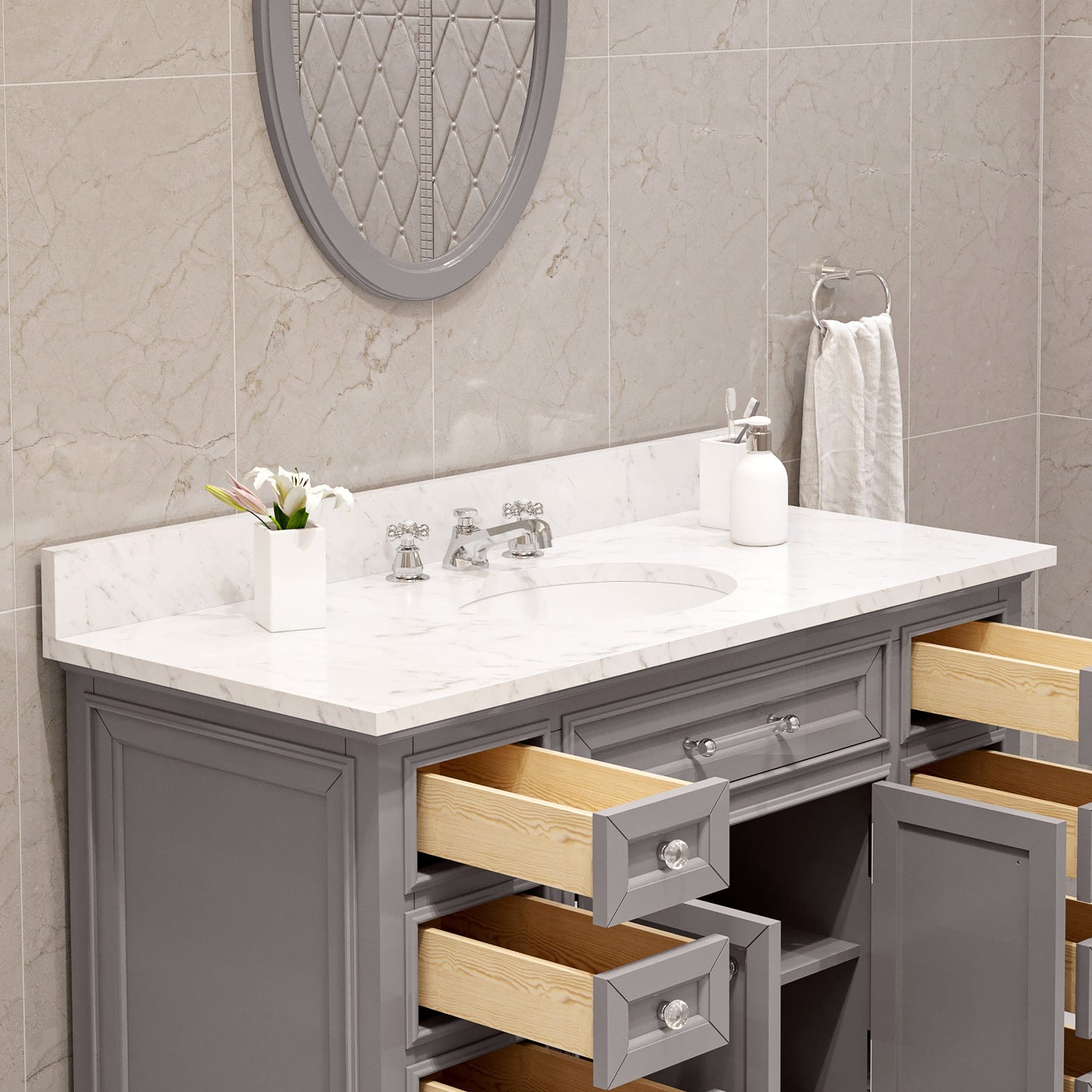 Water Creation DE48CW01CG-O24000000 DERBY 48"W x 34"H Cashmere Gray Single-Sink Vanity with Carrara White Marble Countertop + Mirror
