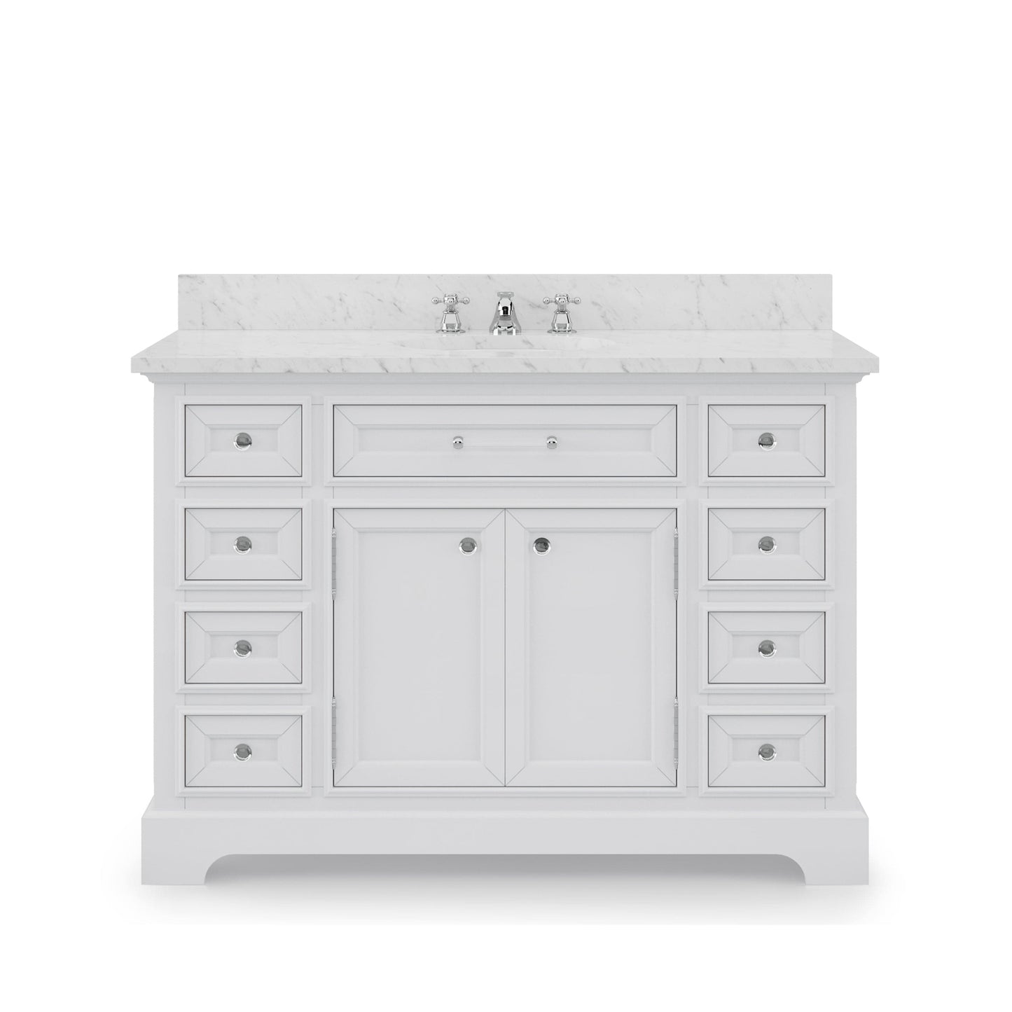 Water Creation DE48CW01PW-000BX0901 DERBY 48"W x 34"H Pure White Single-Sink Vanity with Carrara White Marble Countertop + Faucet