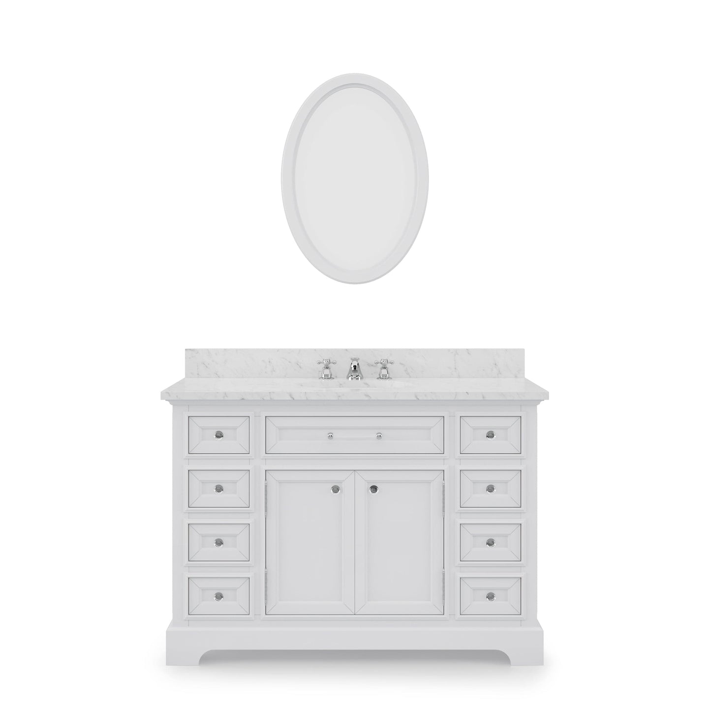 Water Creation DE48CW01PW-O24BX0901 DERBY 48"W x 34"H Pure White Single-Sink Vanity with Carrara White Marble Countertop + Faucet & Mirror