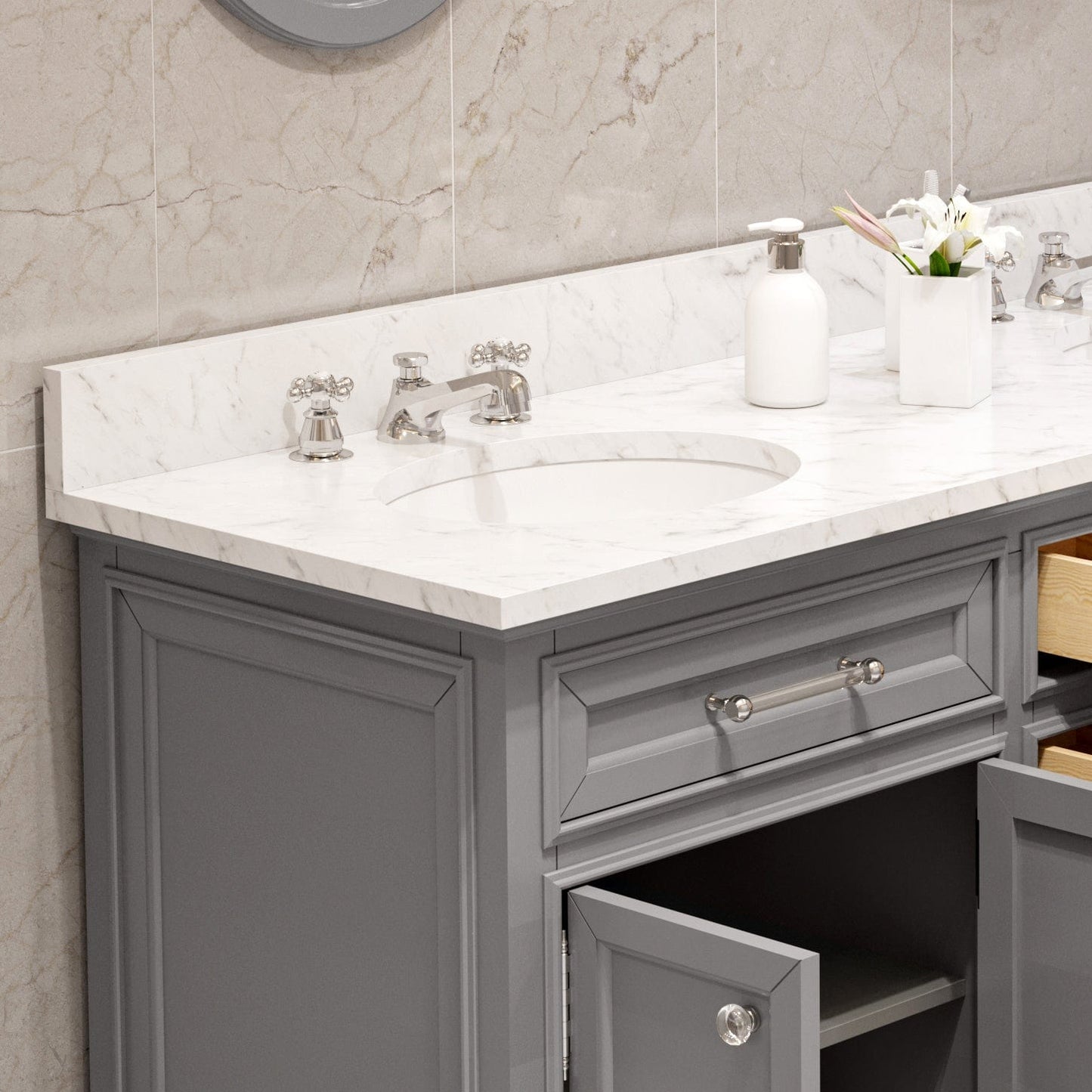Water Creation DE60CW01CG-O21000000 DERBY 60"W x 34"H Cashmere Gray Double-Sink Vanity with Carrara White Marble Countertop + Mirrors