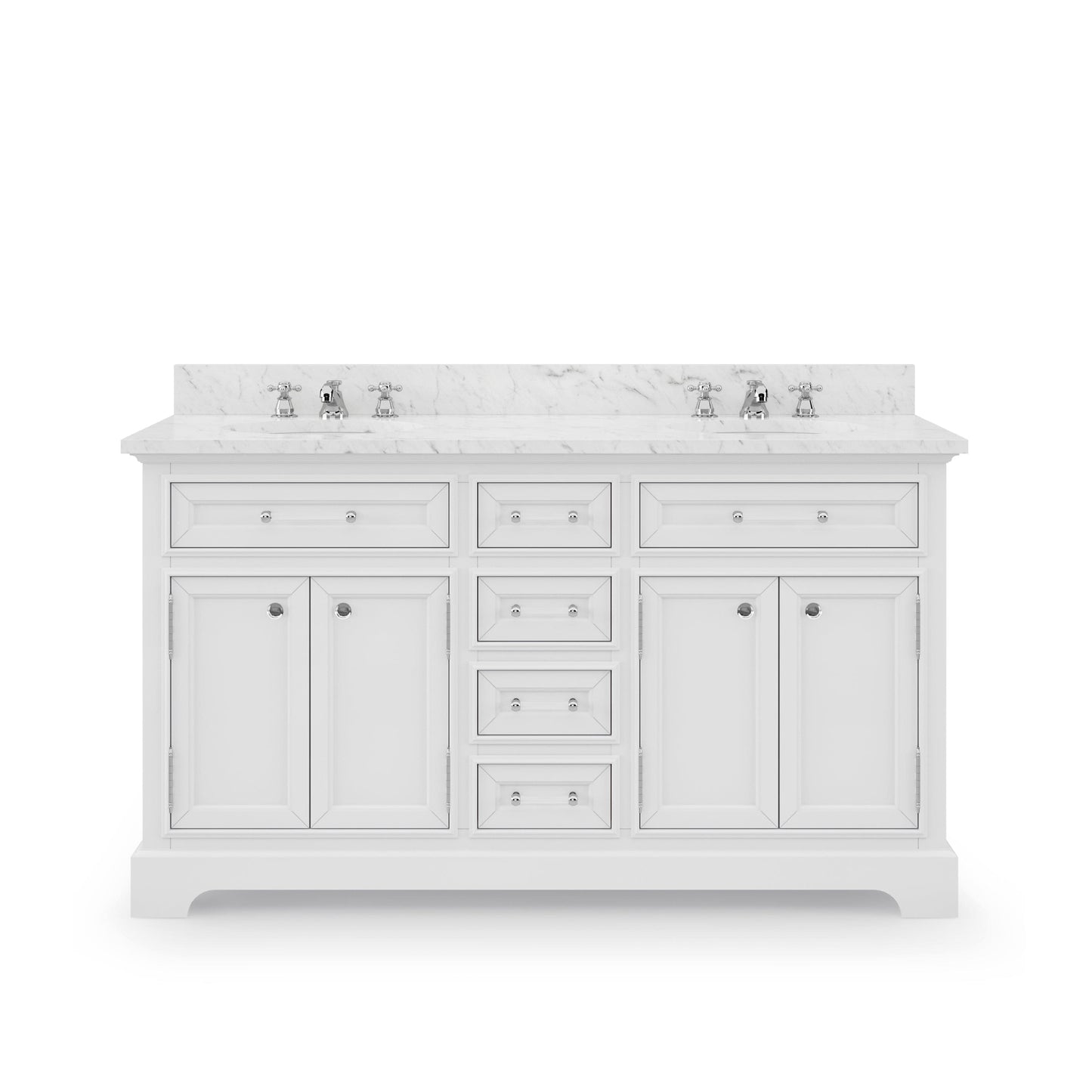 Water Creation DE60CW01PW-000BX0901 DERBY 60"W x 34"H Pure White Double-Sink Vanity with Carrara White Marble Countertop + Faucet