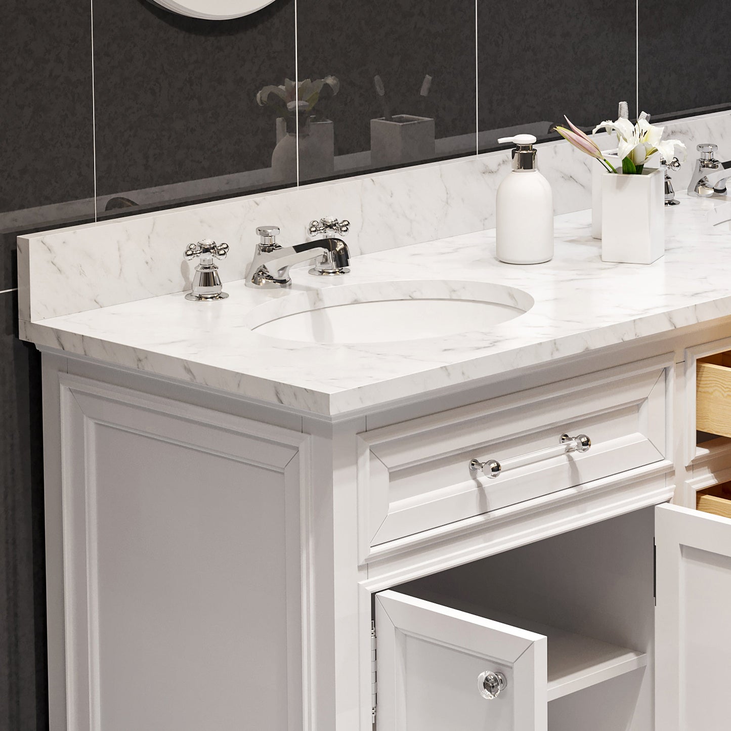 Water Creation DE60CW01PW-000BX0901 DERBY 60"W x 34"H Pure White Double-Sink Vanity with Carrara White Marble Countertop + Faucet