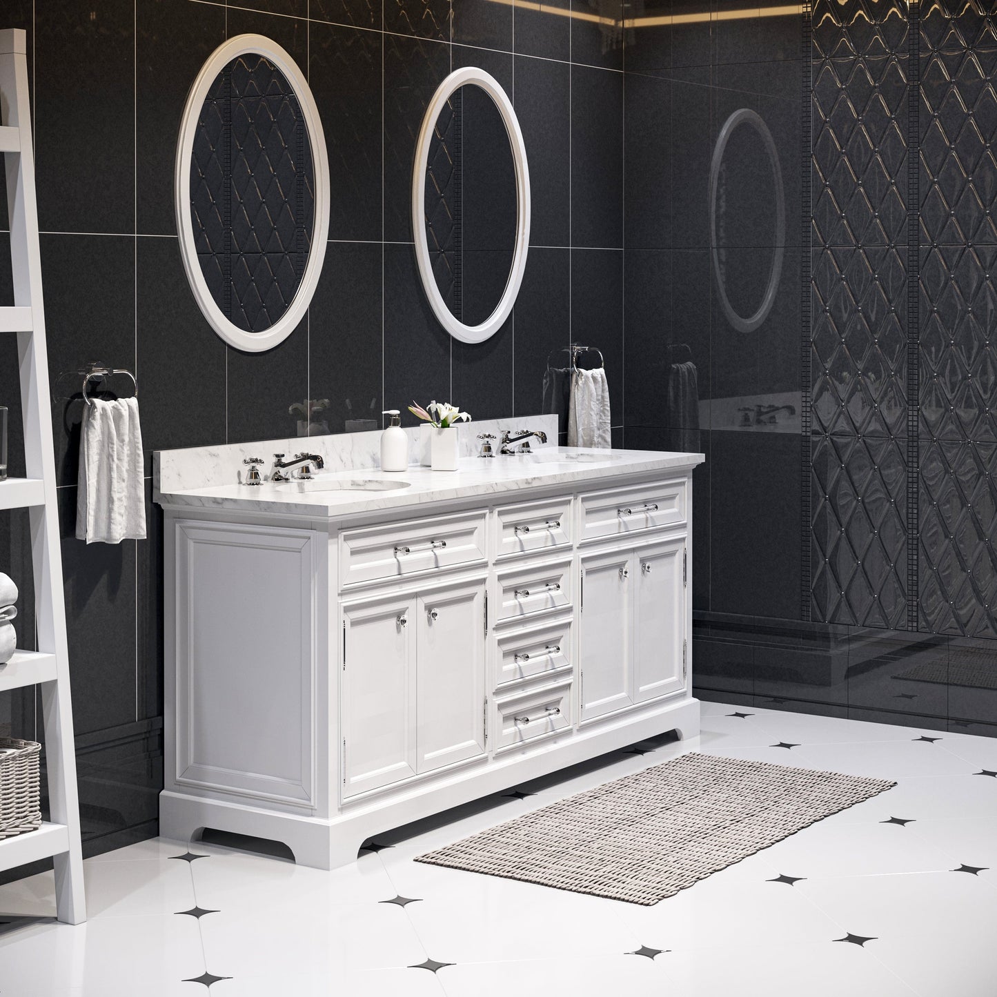 Water Creation DE72CW01PW-O24000000 DERBY 72"W x 34"H Pure White Double-Sink Vanity with Carrara White Marble Countertop + Mirrors