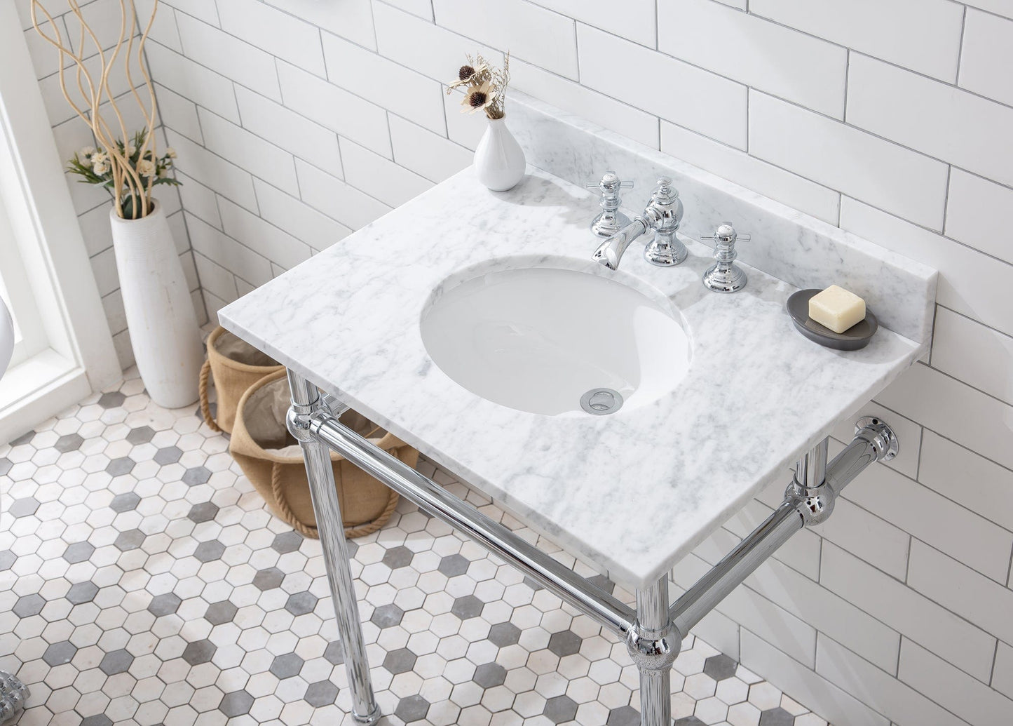 Water Creation EB30D-0113 EMBASSY 30"W x 34"H Single Washstand , P-Trap, Countertop with Sink, and F2-0013 Faucet included, in Chrome Finish