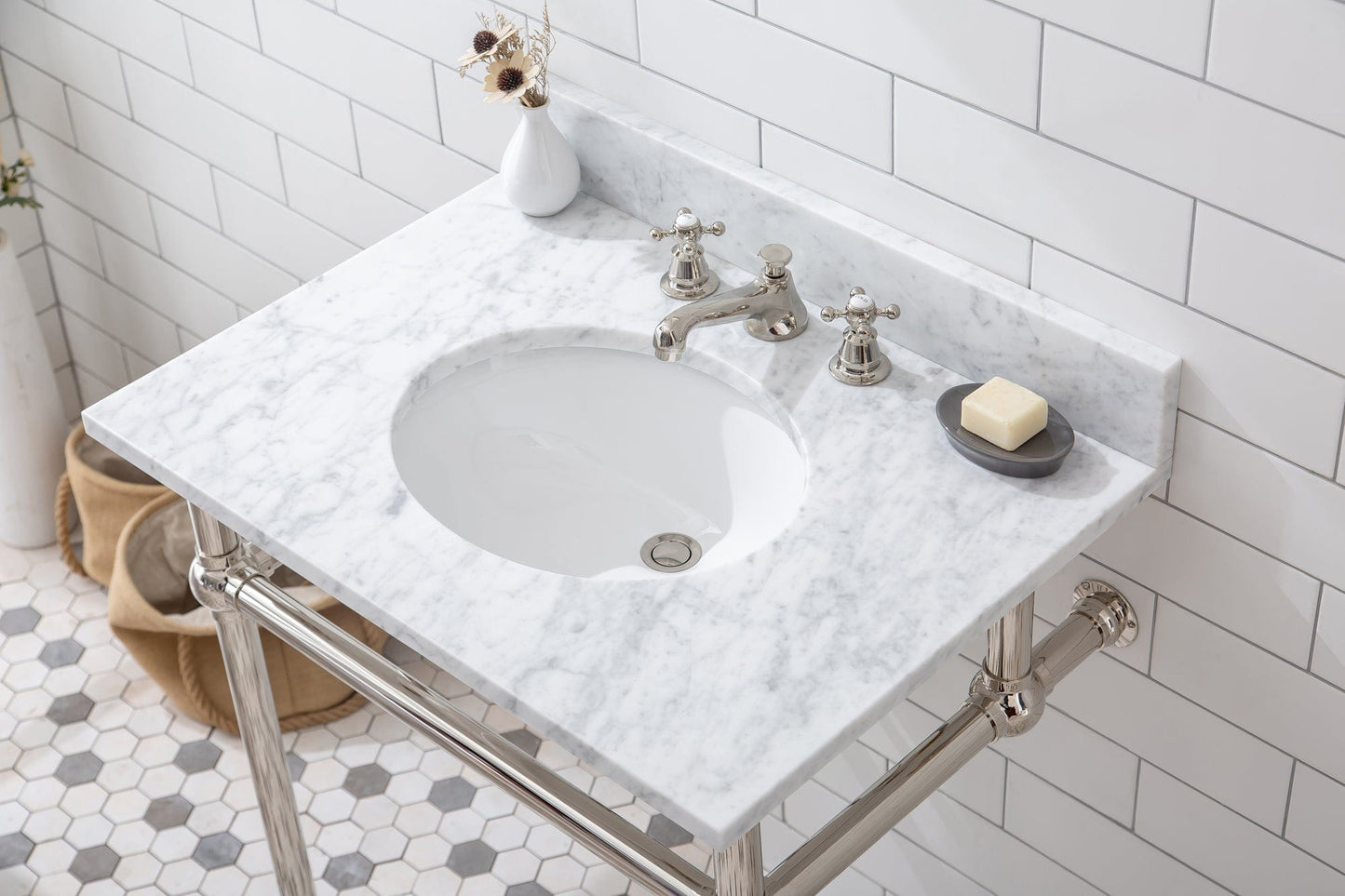 Water Creation EB30D-0509 EMBASSY 30"W x 34"H Single Washstand , P-Trap, Countertop with Sink, and F2-0009 Faucet included, in Polished Nickel Finish