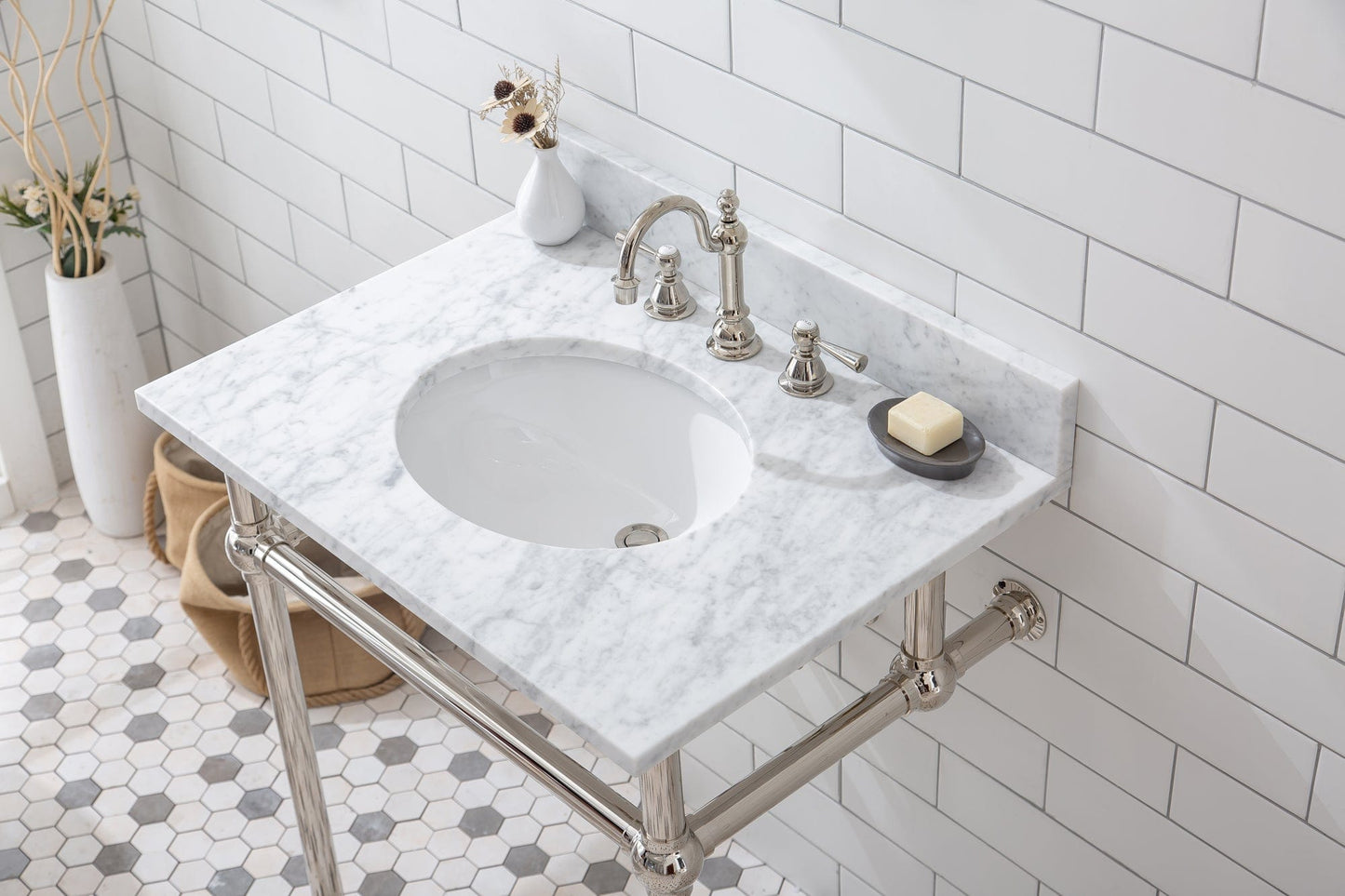 Water Creation EB30D-0512 EMBASSY 30"W x 34"H Single Washstand , P-Trap, Countertop with Sink, and F2-0012 Faucet included, in Polished Nickel Finish