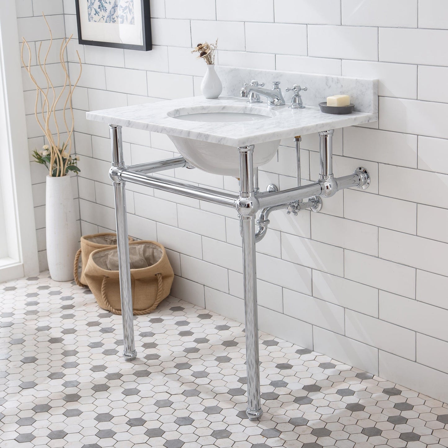 Water Creation EB30E-0109 EMBASSY 30"W x 34"H Single Washstand , P-Trap, Countertop with Sink, F2-0009 Faucet and Mirror included, in Chrome Finish