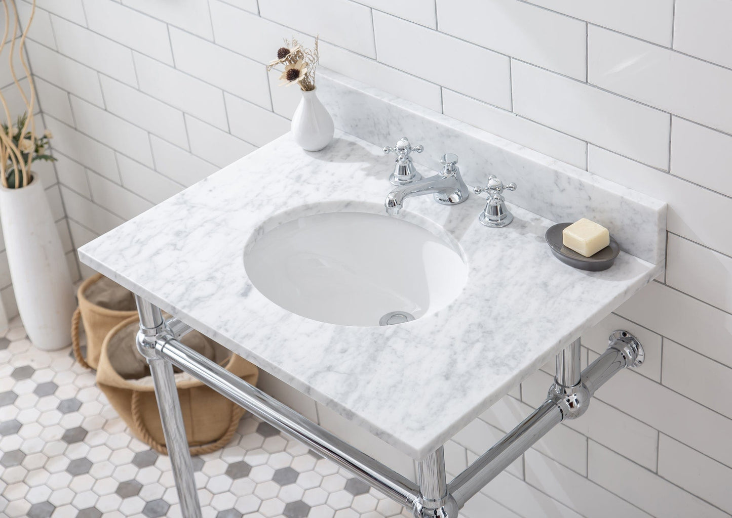 Water Creation EB30E-0109 EMBASSY 30"W x 34"H Single Washstand , P-Trap, Countertop with Sink, F2-0009 Faucet and Mirror included, in Chrome Finish